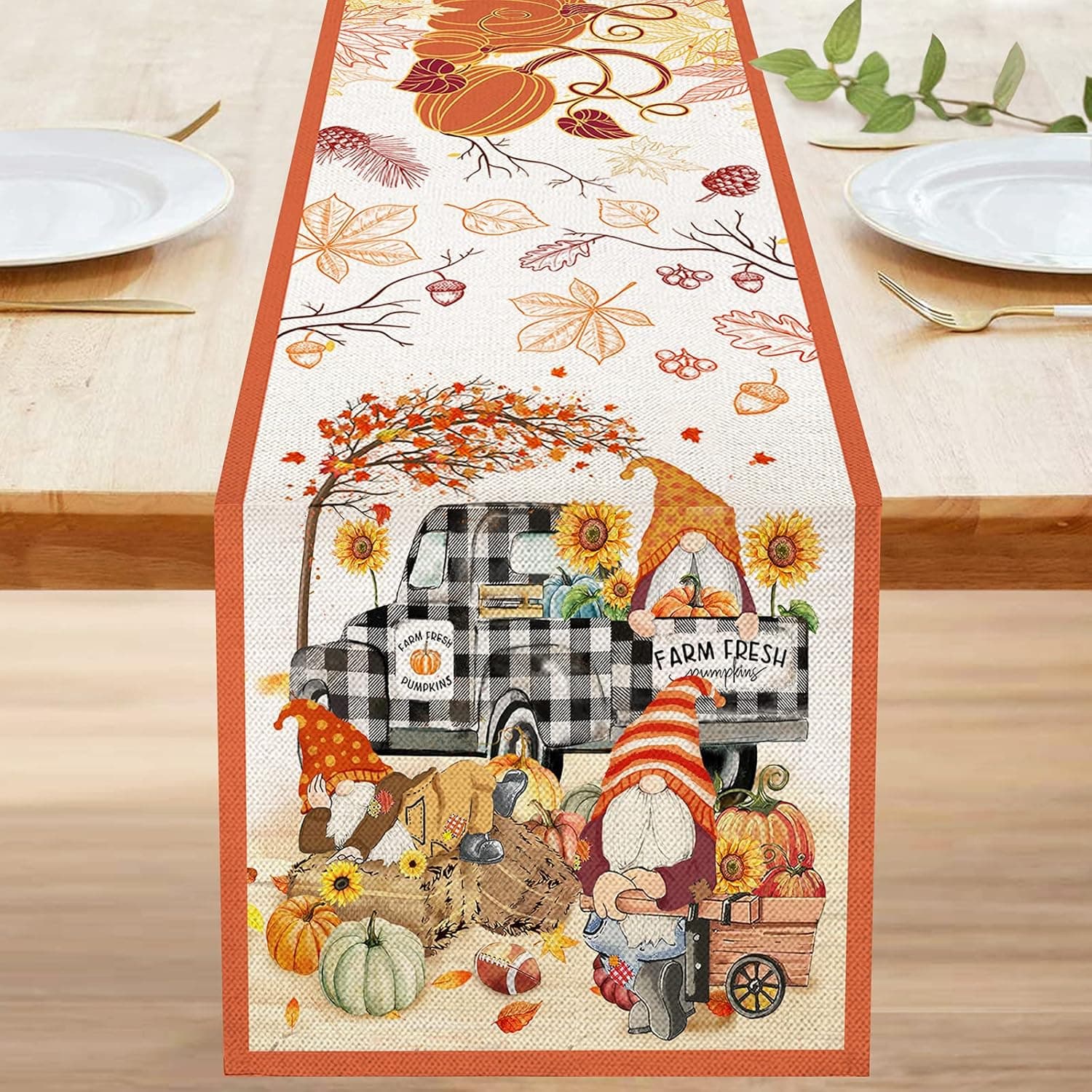 Bonsai Tree Fall Table Runner 72 Inch, Happy Autumn Yall Gnomes Pumpkins Burlap Table Runners, Rustic Buffalo Plaid Truck Seasonal Small Dresser Scarves Table Cloth Decor for Home Dining Room Parties
