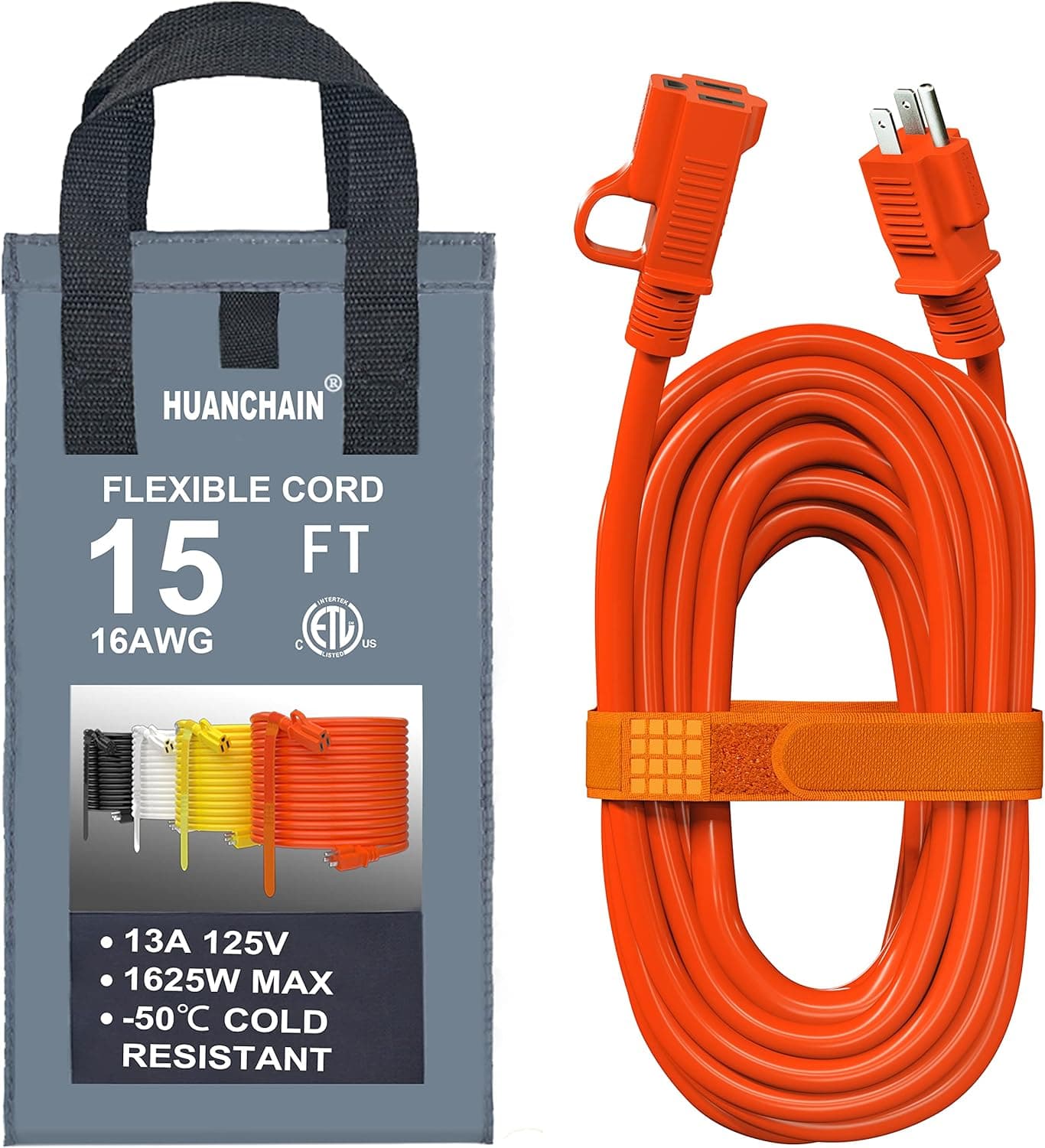 Indoor Outdoor Extension Cord 15 ft Waterproof, 16/3 Gauge Flexible Cold-Resistant Appliance Extension Cord Outside, 13A 1625W 16AWG SJTW, 3 Prong Heavy Duty Electric Cord Orange, ETL HUANCHAIN