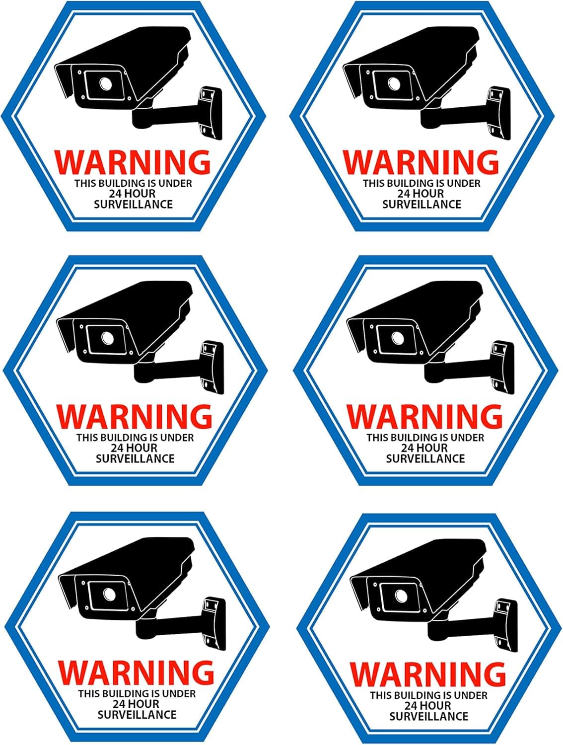 Mandala Crafts 6 PCs Blue Hexagon Back Adhesive Security Camera Decal 24-Hour Video Surveillance Recording Warning Window Stickers for Indoors or Outdoors