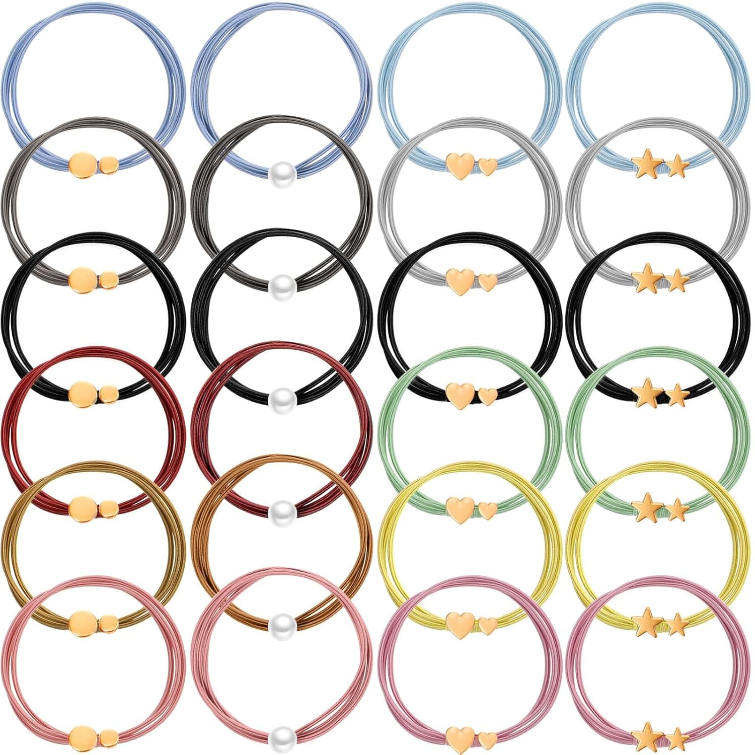 24 Pieces Hair Tie Bracelet for Women Heart Pearl Hair Ties with Metal Beads Ponytail Holders Accessories Rubber Bands for Hair Korean Styling Scrunchies for Girls, 4 Styles