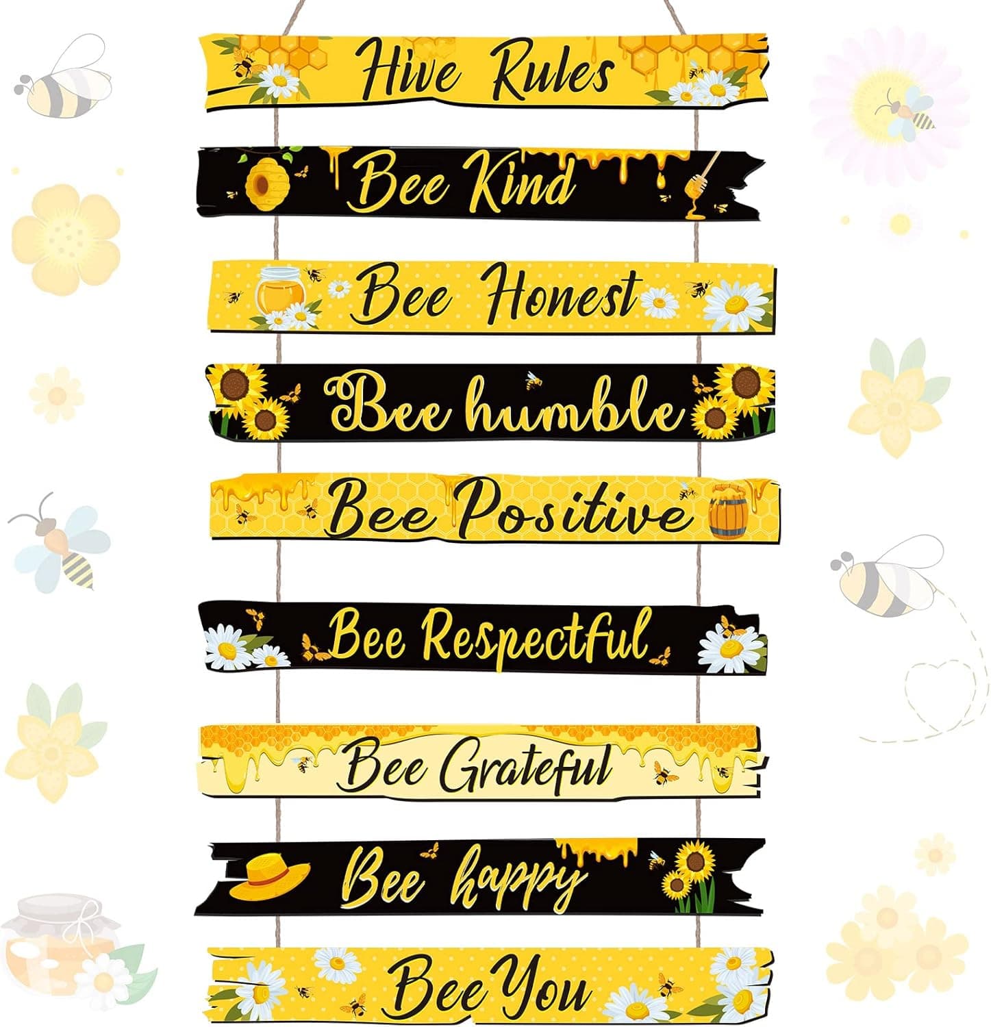 Jetec Bee Sign Hive Rules Bee Wall Decor Plaque Bee Gift Humble Bee Decor Christmas Bee Ornament for Xmas Home Spring Daisy Sunflower Decorations for Living Room Rustic Kitchen Decor (Black, Yellow)