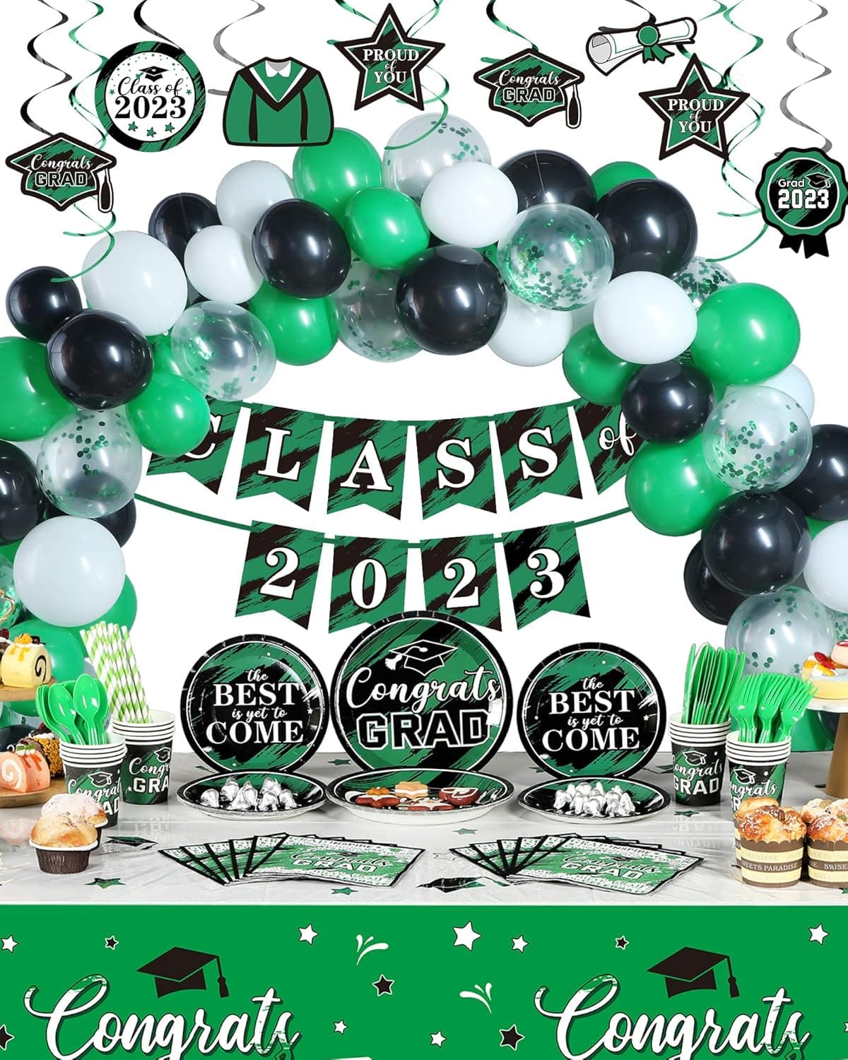 Moukeren 294 Pcs Graduation Party Decorations Class of 2023 Graduation Party Supplies Including Graduate Tableware Balloons Paper Plates Napkins Cups Plastic Tablecloth Banner Hanging Swirls (Green)