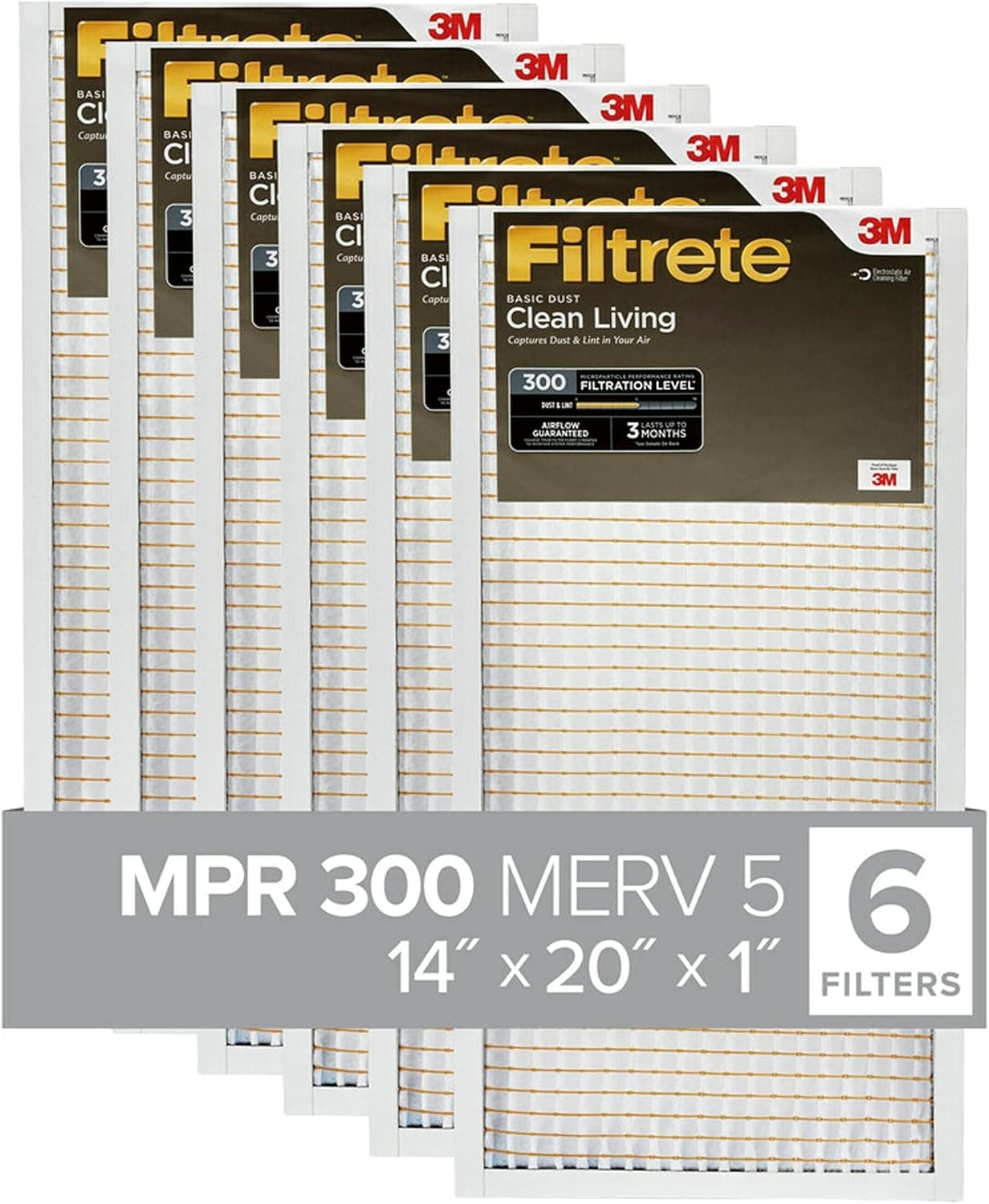 Filtrete 14x20x1 Air Filter, MPR 300, MERV 5, Clean Living Basic Dust 3-Month Pleated 1-Inch Air Filters, 6 Filters