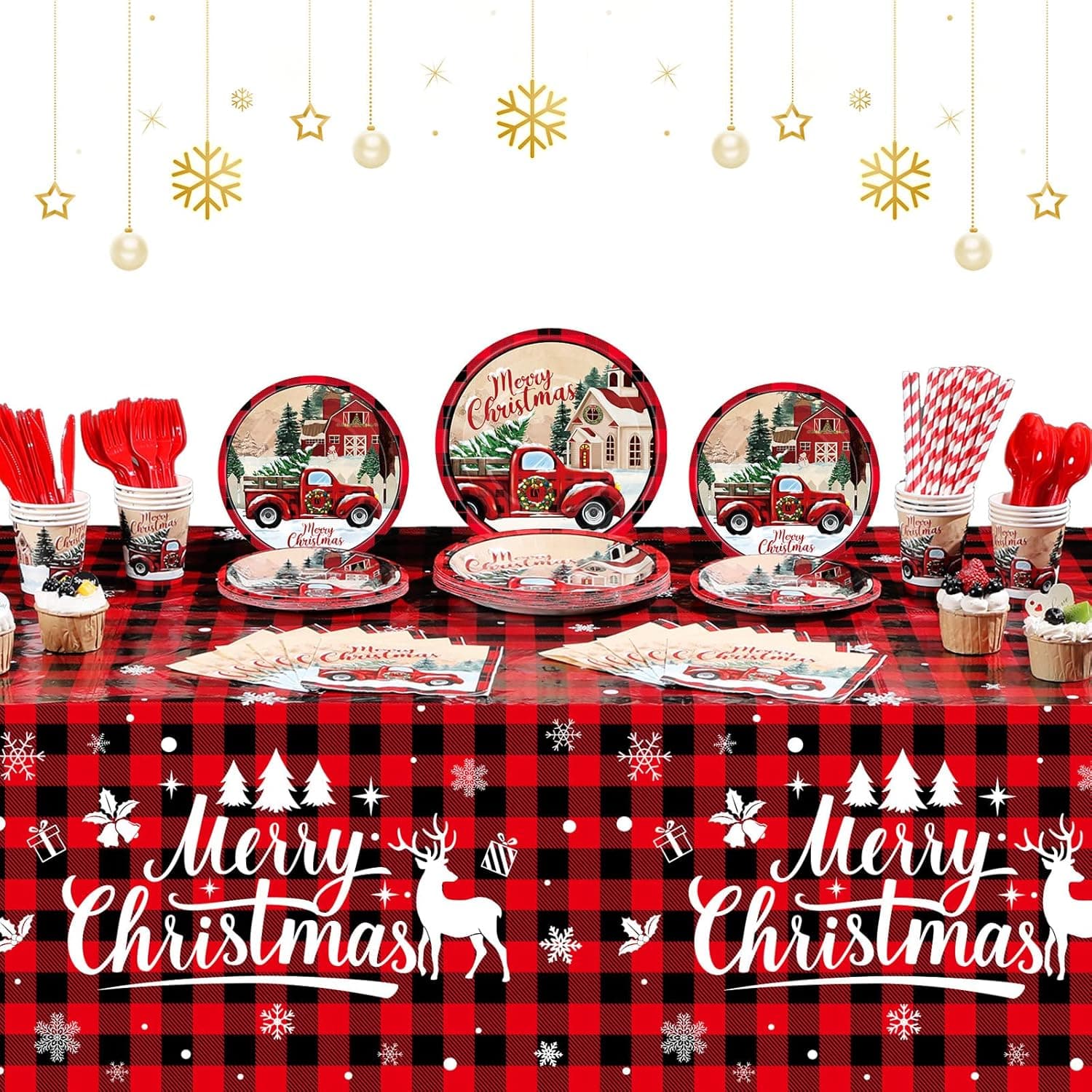 194 Pieces Red Truck Christmas Party Supplies Tableware Set, Buffalo Plaid Dinner Dessert Plates Paper Cups Napkins Plastic Tablecloth Knives Forks Straws for Vintage Xmas Holiday Party Decorations