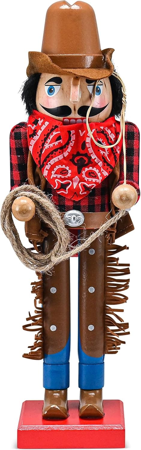 Ornativity Christmas Western Cowboy Nutcracker – Brown and Red Wooden Nutcracker Cow Boy with a Rope and Lasso Xmas Themed Holiday Nut Cracker Doll Figure Decorations