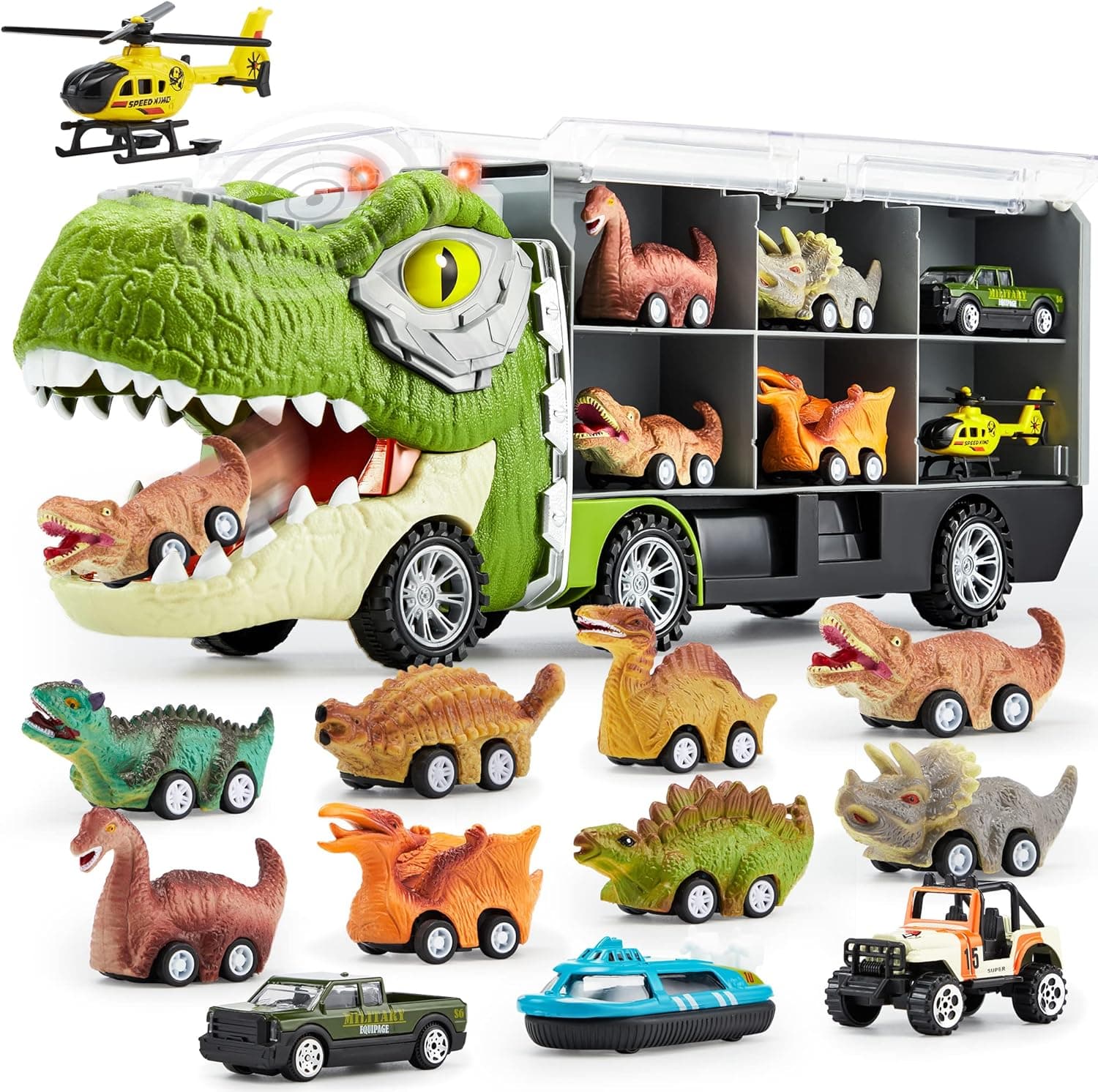 JOYIN 13 in 1 Dinosaur Truck for Kids, with 12 Pull Back Dinosaur Car Vehicles, 1 Toy Dinosaur Transport Carrier Truck with Music and Roaring Sound, Flashing Lights, Mini Dino Car Playset, Helicopter