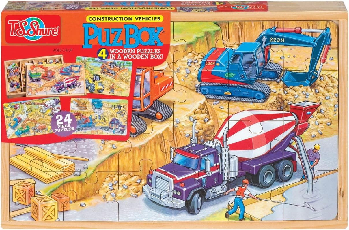 T.S. Shure Construction Vehicles 4 Large Puzzles in a Wooden Box