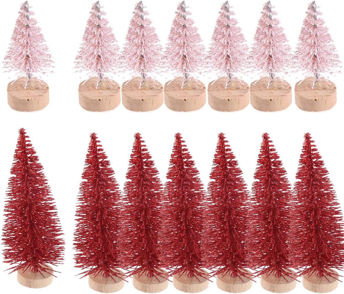 Ioffersuper 24Pcs Mini Pine Trees Artificial Christmas Trees Desktop Sisal Snow Frost Trees with Wood Base for Christmas Village Fairy Garden Miniature DIY Xmas Crafts Home Decorations