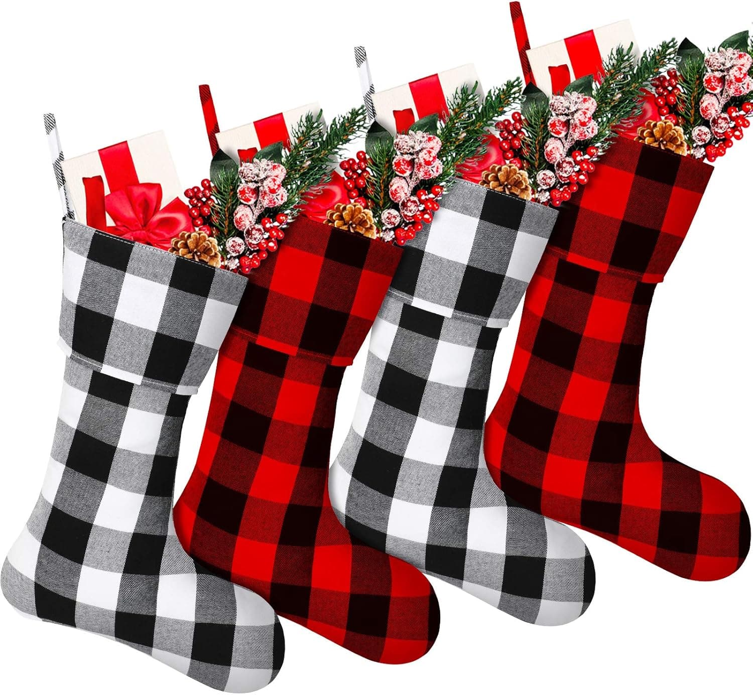 4 Pieces Christmas Buffalo Plaid Stockings Plaid Hanging Stockings Set Classic Plaid Style Stockings Xmas Tree Stockings Decorations for Christmas Party Home Decor (Red and Black, Black and White)