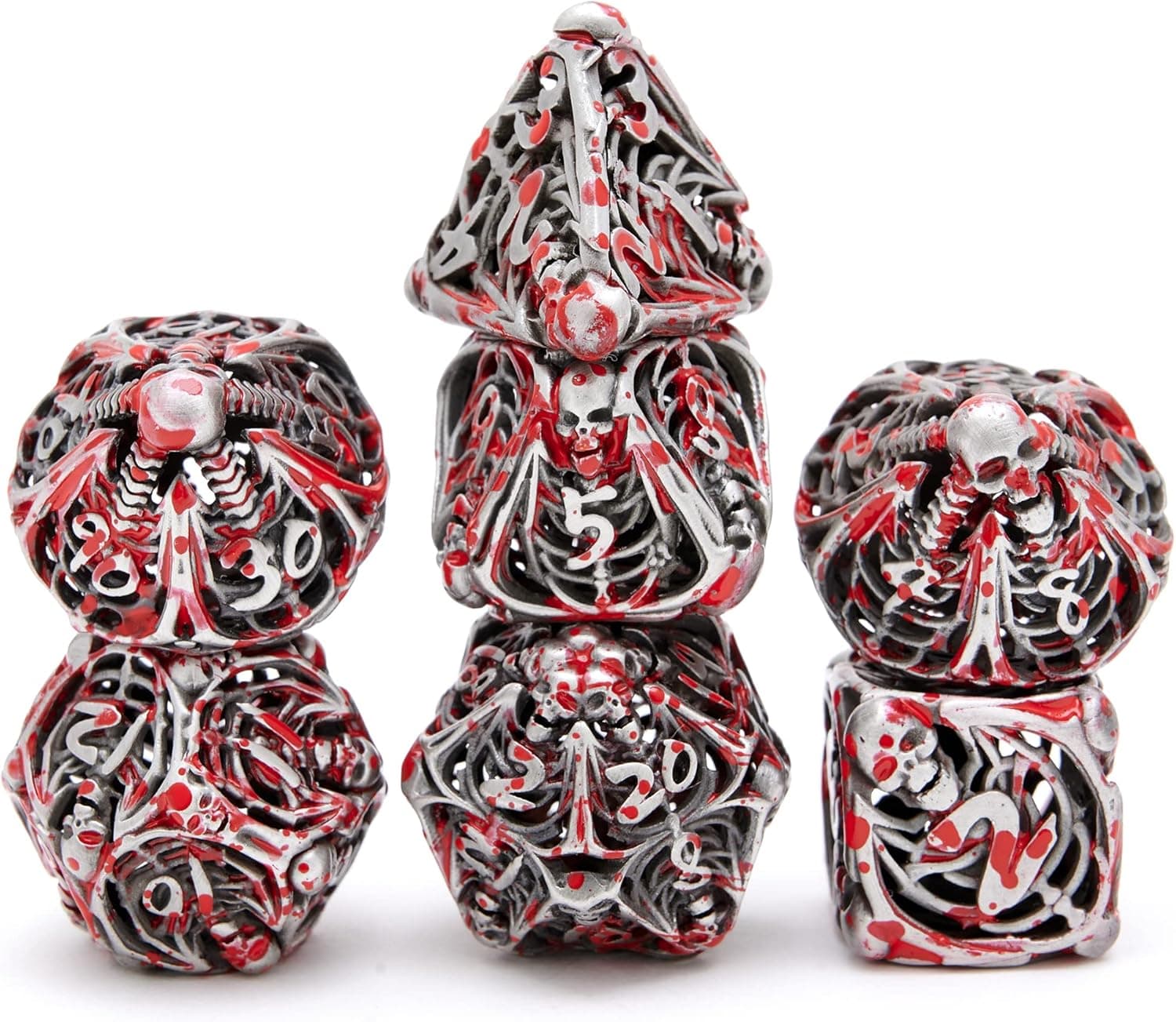 Hollow Metal DND Game Dice Skulls Ancient Bloodstain 7Pcs Set for Dungeons and Dragons RPG MTG Table Games D&D Pathfinder Shadowrun and Math Teaching (with Metal Case)