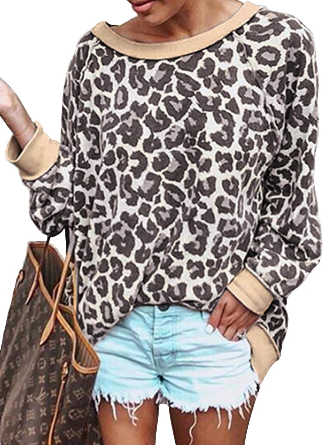 Youdiao Women's Leopard Print Sweatshirts Color Block Crew Neck Long Sleeve Off Shoulder Soft Basic Shirt Pullover Tops