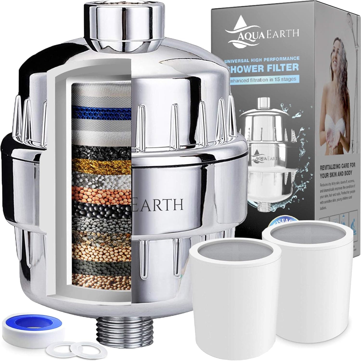 Shower Filter For Hard Water Shower Head Filter to Remove Chlorine Fluoride Water Softener Coconut Shell Activated Carbon Reduces Dry Itchy Skin Heavy Metals Other Sediments Vitamin C Aqua Earth