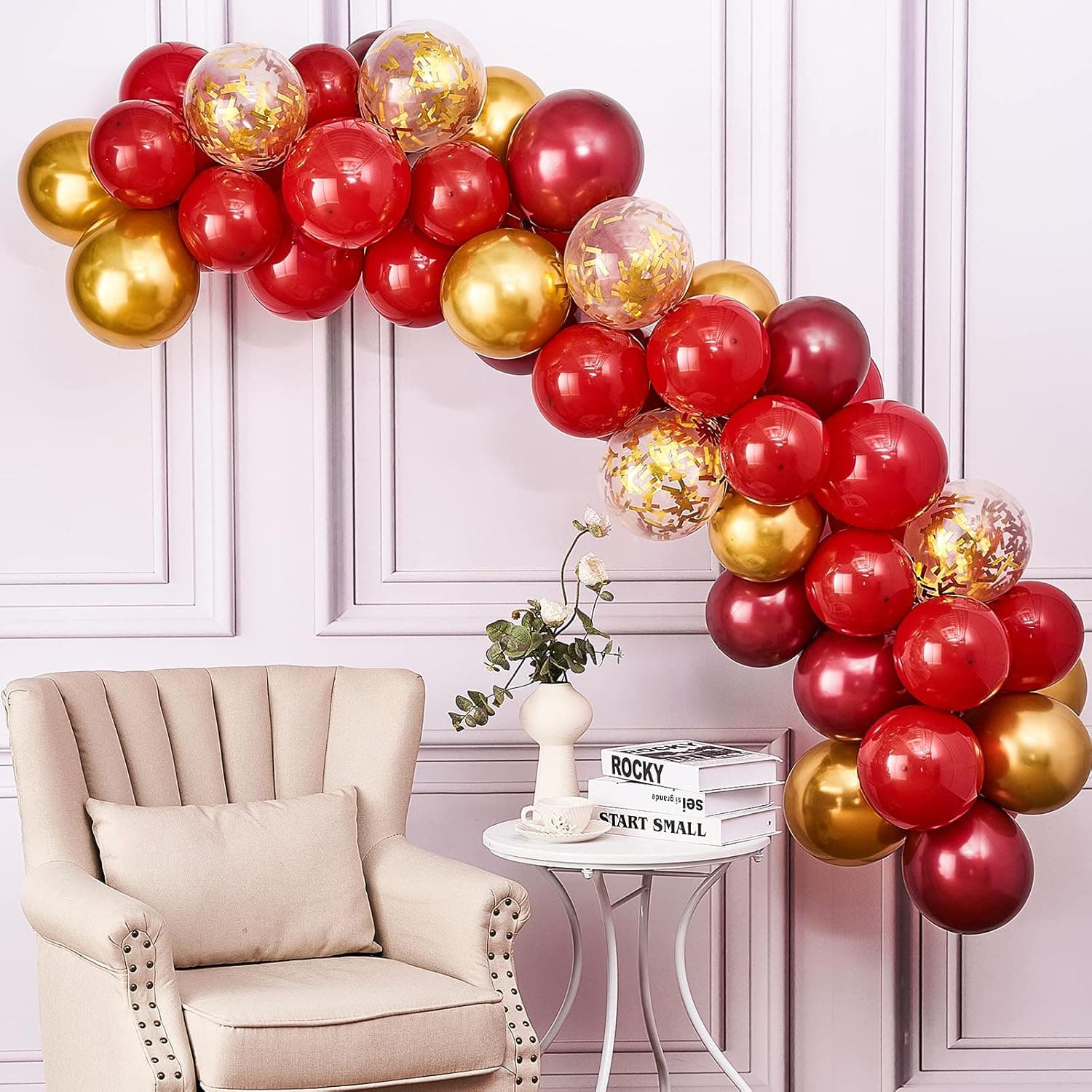 AMBA Red and Gold Balloons, 66 pcs Maroon Balloons, Burgundy Balloons, Metallic Balloons, Gold Confetti Balloons, Balloon Garland Kit, Red and Gold Party Decorations, Birthday Decorations, Wedding