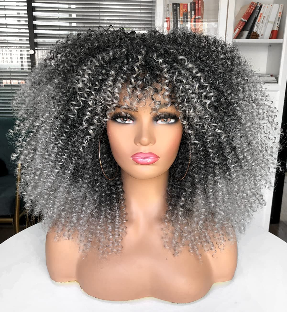 Annivia 16inch Afro Kinky Curly Wig with Bangs for Black Women No Glue Full and Fluffy Like a Bomb Long Curly Hair Wigs（Ombre Grey）