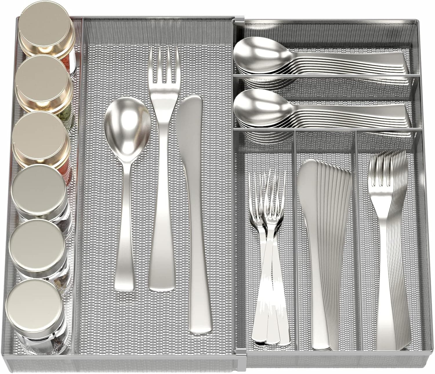 JANE EYRE Sturdy Utensil Drawer Organizer, Cutlery Tray, Silverware/Flatware Storage Divider for Kitchen, Mesh Designing with Non-slip Rubber Feet (Silver)