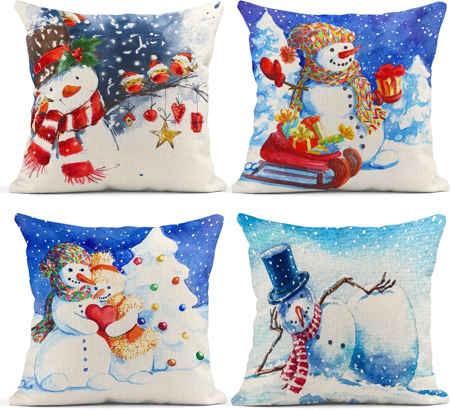 ArtSocket Christmas Throw Pillow Covers Set of 4, Snowman Cute Bird Snow Santa Claus Loving Couple Christmas Winter Decorative Pillow Cases Home Decor Square 18x18 Inches Xmas Pillowcases