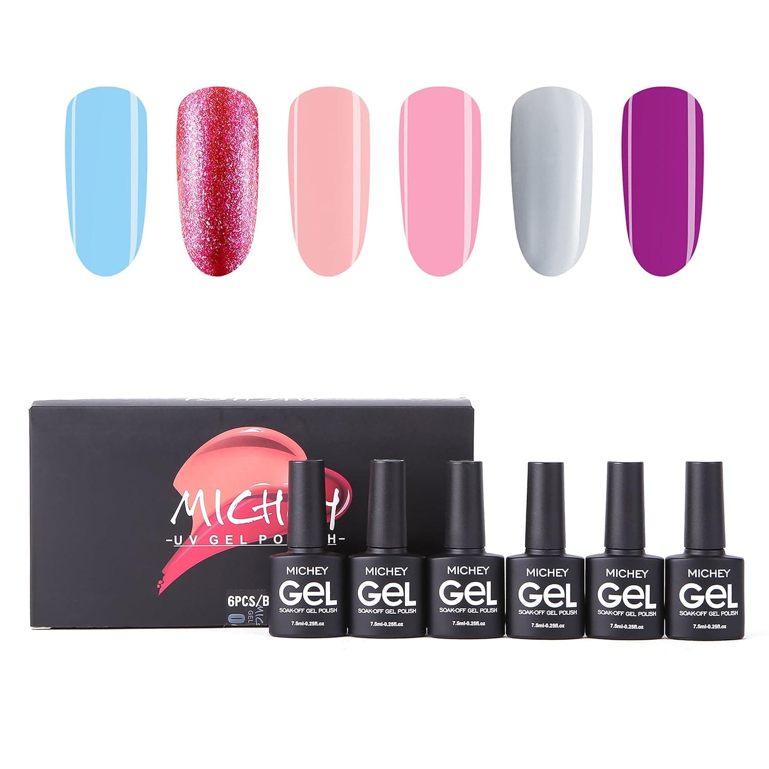 MIYOUNE UV LED Nail Gel Polish kit, Glitter 6 Colors Nail Polish Pink Blue Soak Off Nail Lacquer Set