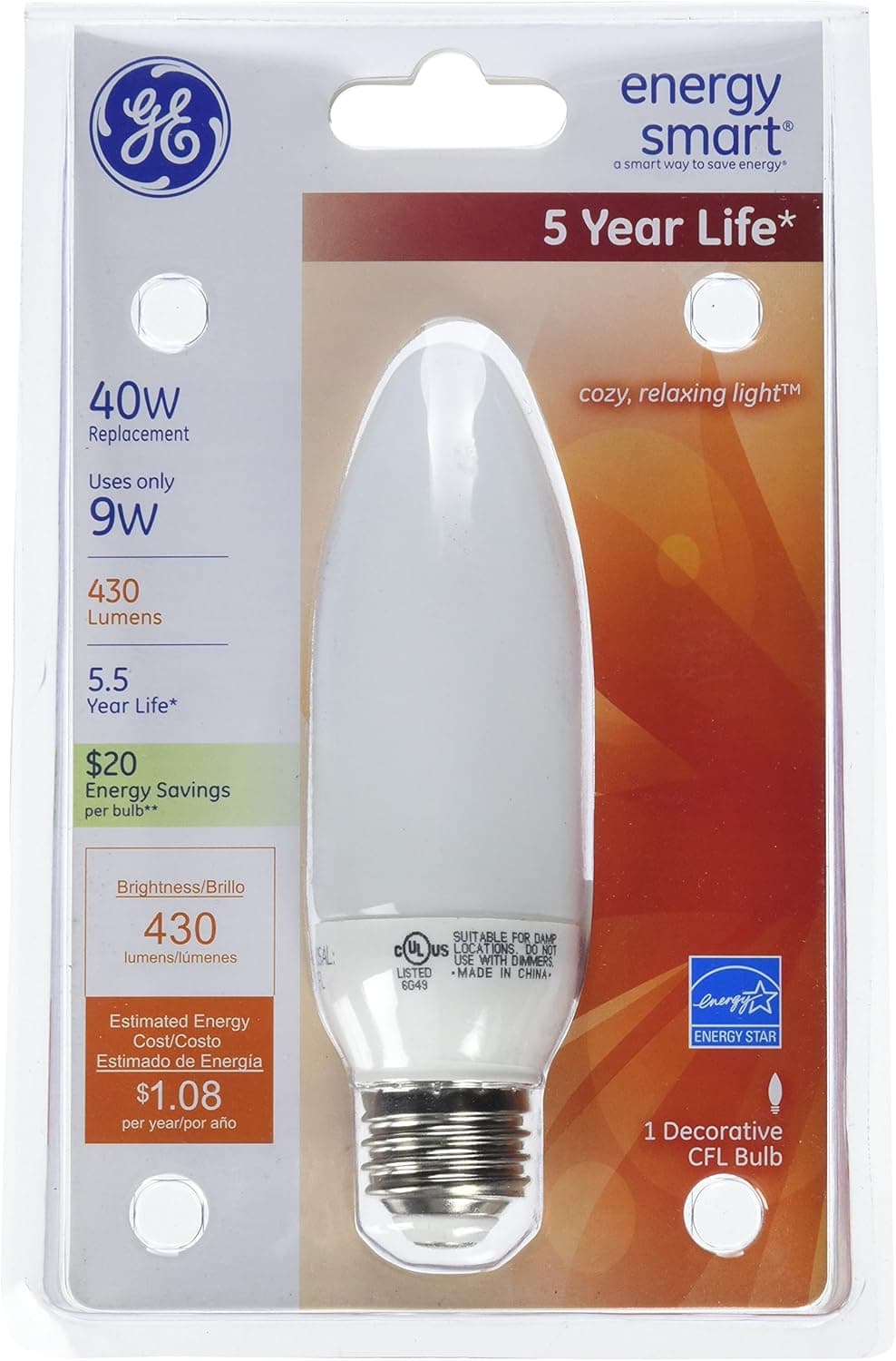 GE 24692 9-Watt 430-Lumen Decorative B13 CFL Bulb, Soft White