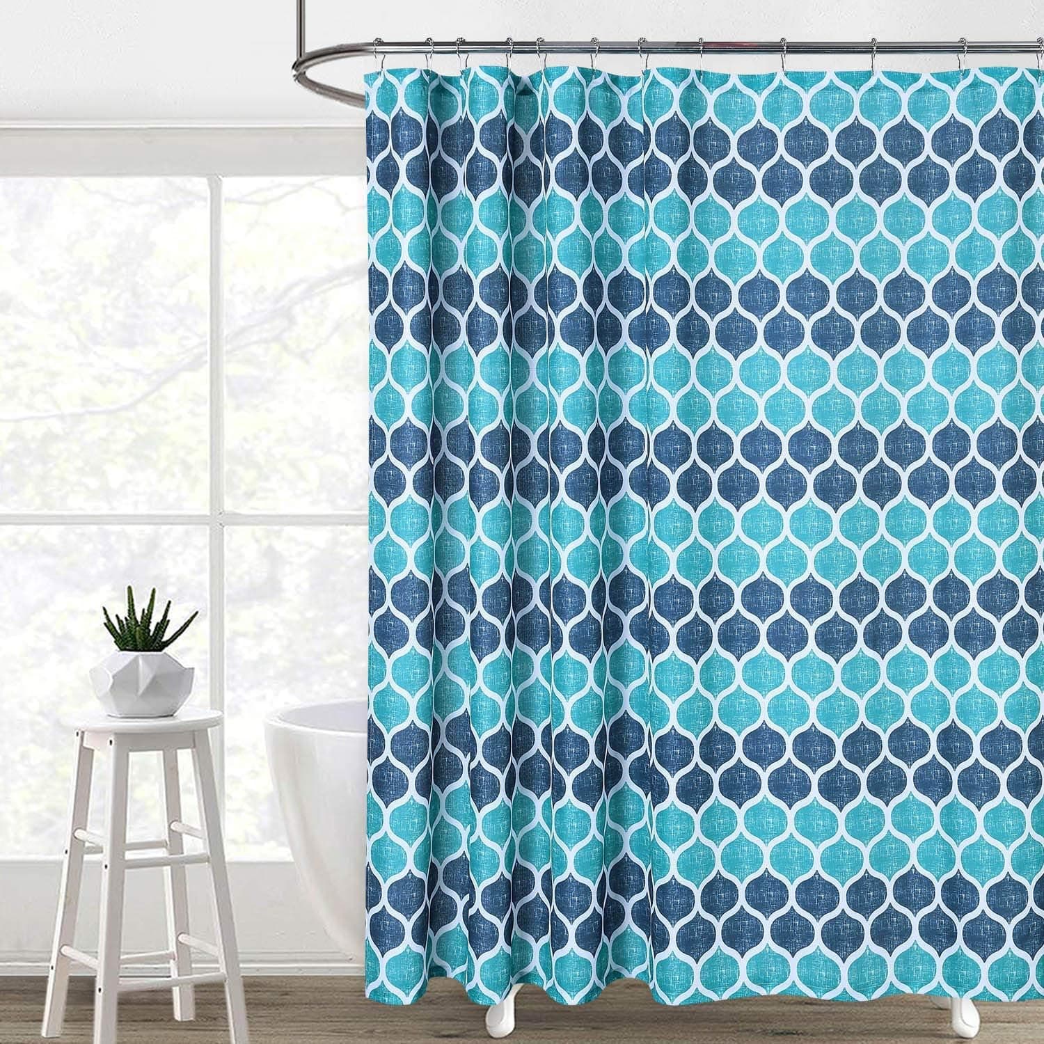 CAROMIO Fabric Shower Curtain, Moroccan Geometric Ogee Patterned Modern Fabric Shower Curtain for Bathroom, Navy/Teal, 72 x 72 Inch