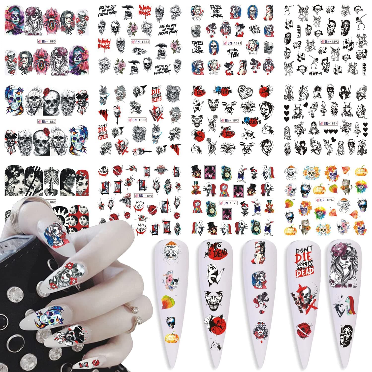 Halloween Nail Stickers Day of The Dead Nail Art Water Decals Transfer Foils for Nails Supply Skull Clown Spider Pumpkin Maple Leaf Design Nail Tattoos DIY Halloween Party Decoration Supplies 12PCS