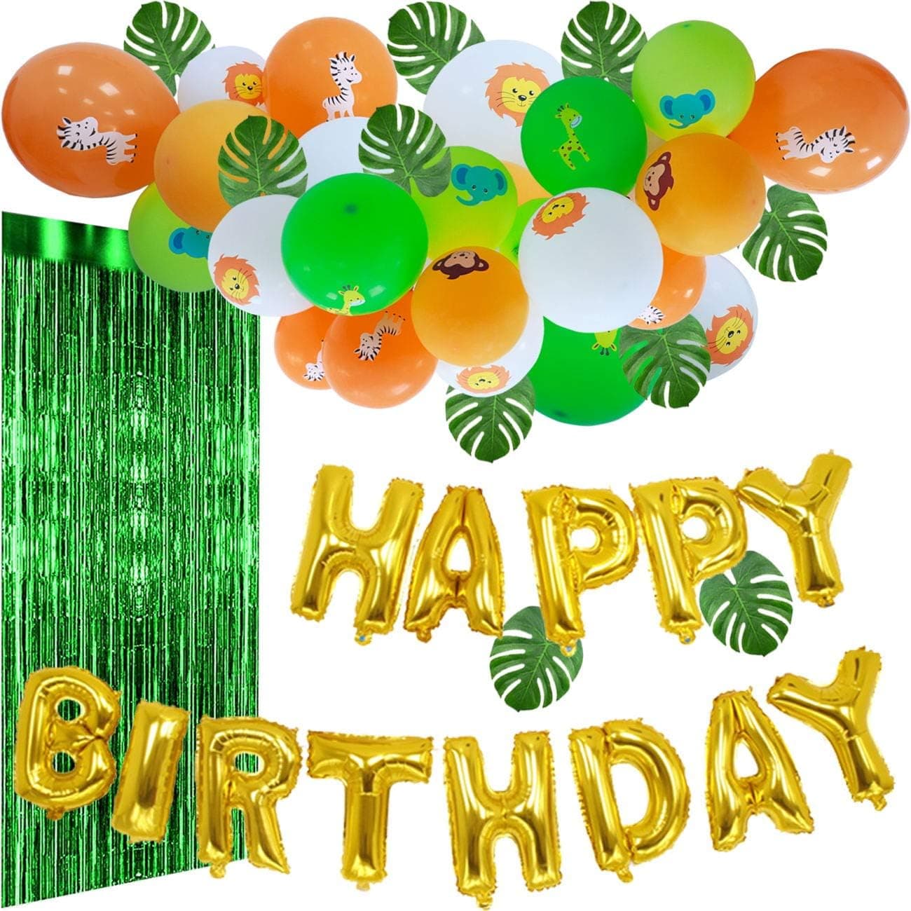 Animals Birthday Party Supplies -Animal Balloons, Gold Happy Birthday Balloons Banner,16 Feet Balloons Arch, Green Foil Fringe Curtain for Kids Birthday Party