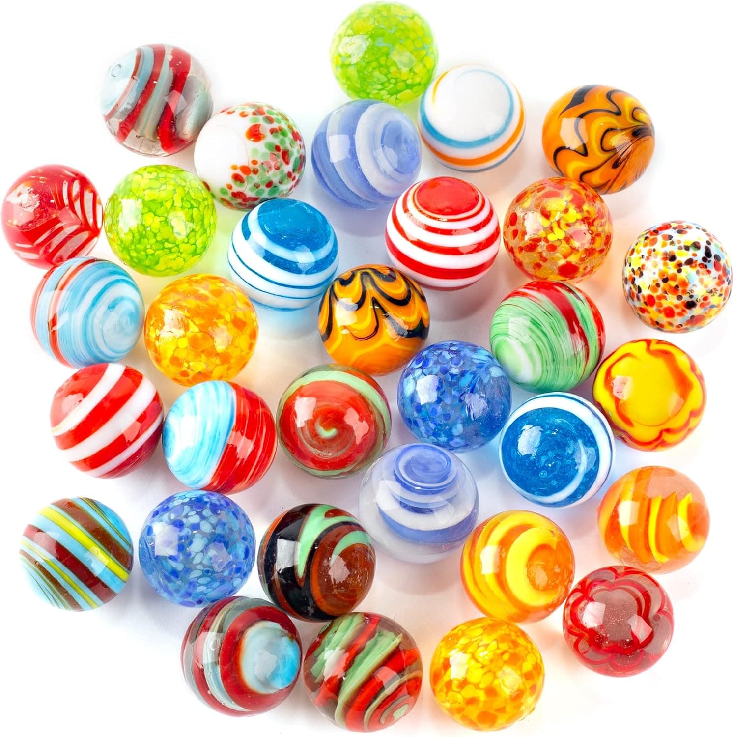 SallyFashion 32PCS Glass Marbles Bulk, 16mm/0.6inch Handmade Glass Marbles Colorful Assorted Marbles Player Marlbes for Kids Gift Marble Game Decoration