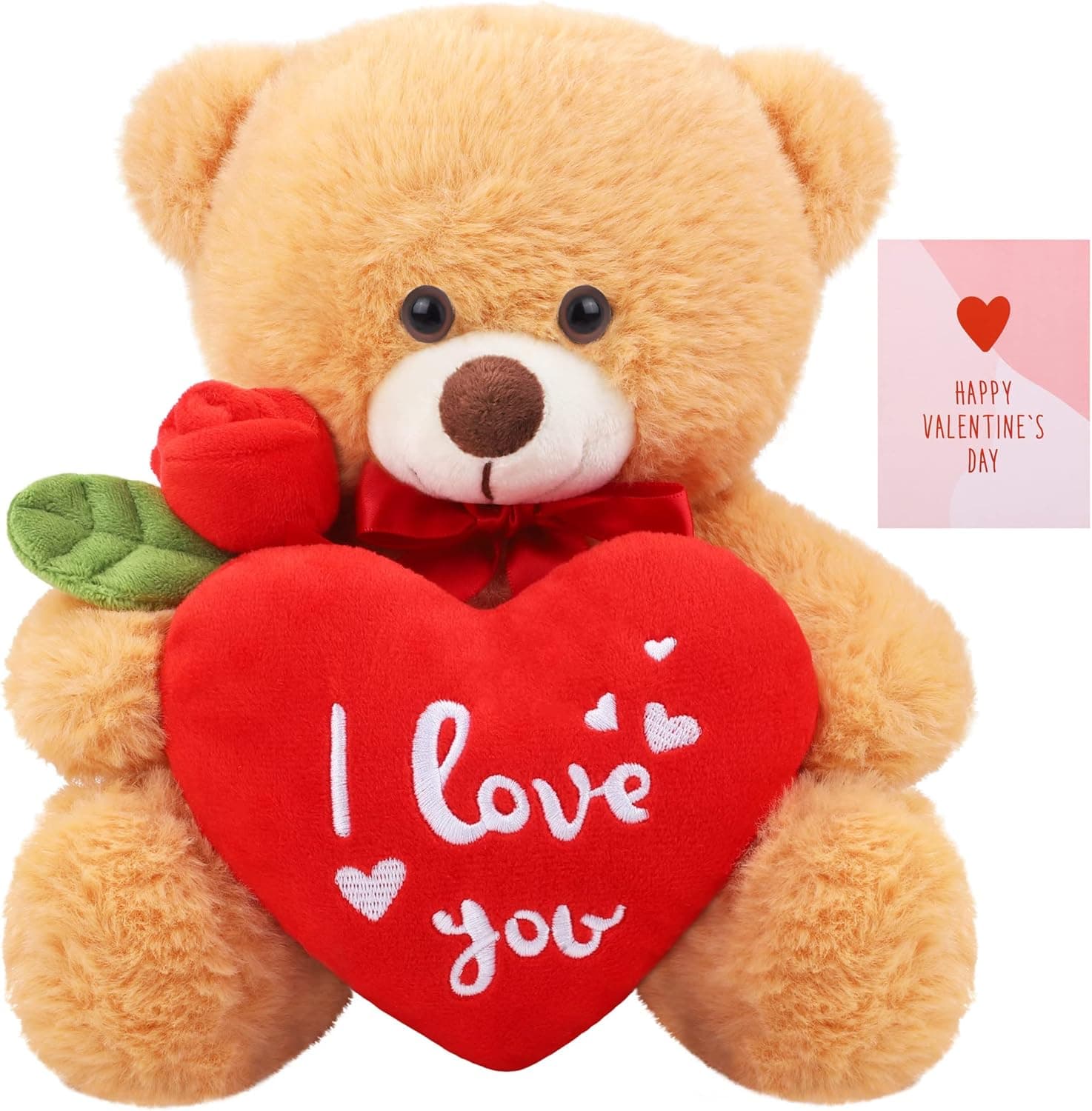 Fovths Plush Stuffed Teddy Bear with Red Heart and Rose for Valentine's Day 10 Inch I Love You Teddy Bear for Girlfriend Boyfriend Soft Plush Bear Doll for Valentine Birthday Gift and Decor, Brown