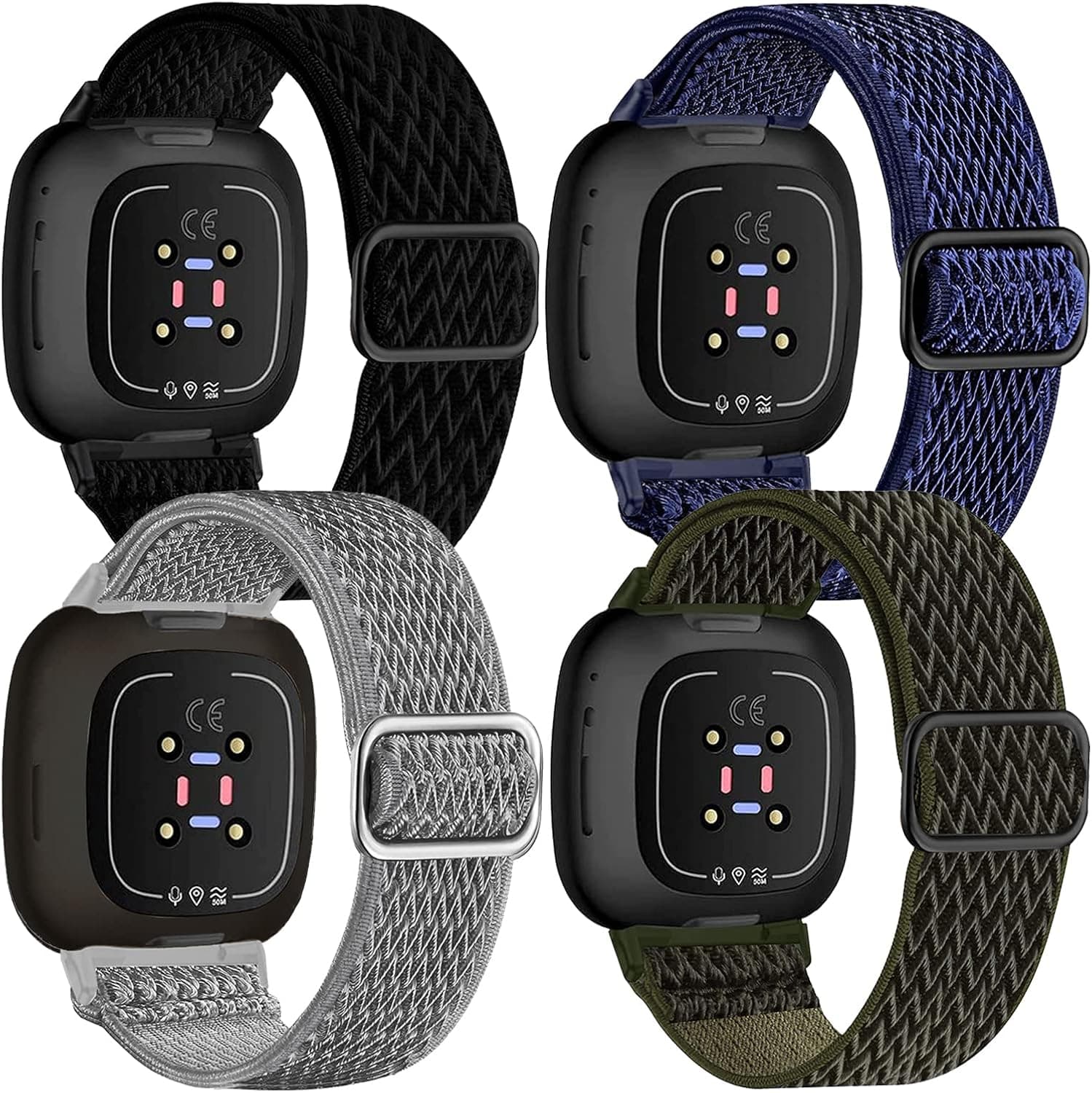 Elastic Nylon Bands Compatible with Fitbit Versa 4/Versa 3/Sense 2/Sense, Adjustable Stretchy Nylon Braided Solo Loop Breathable Sport Wristband Strap for Women Men