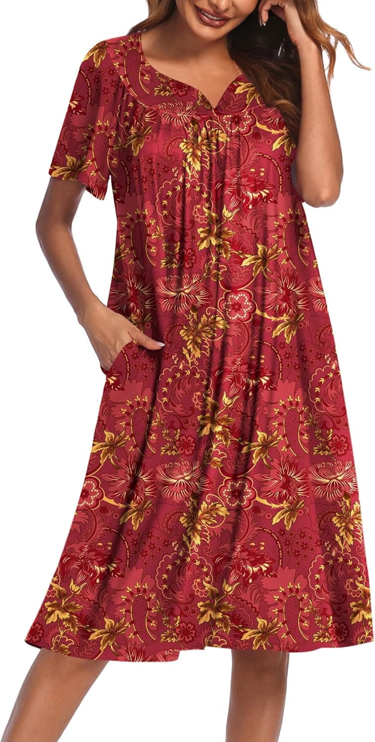 Ekouaer Women's Nightgown Short Sleeve Lounger House Dress-Casual Pleated Patio Dress with Pockets