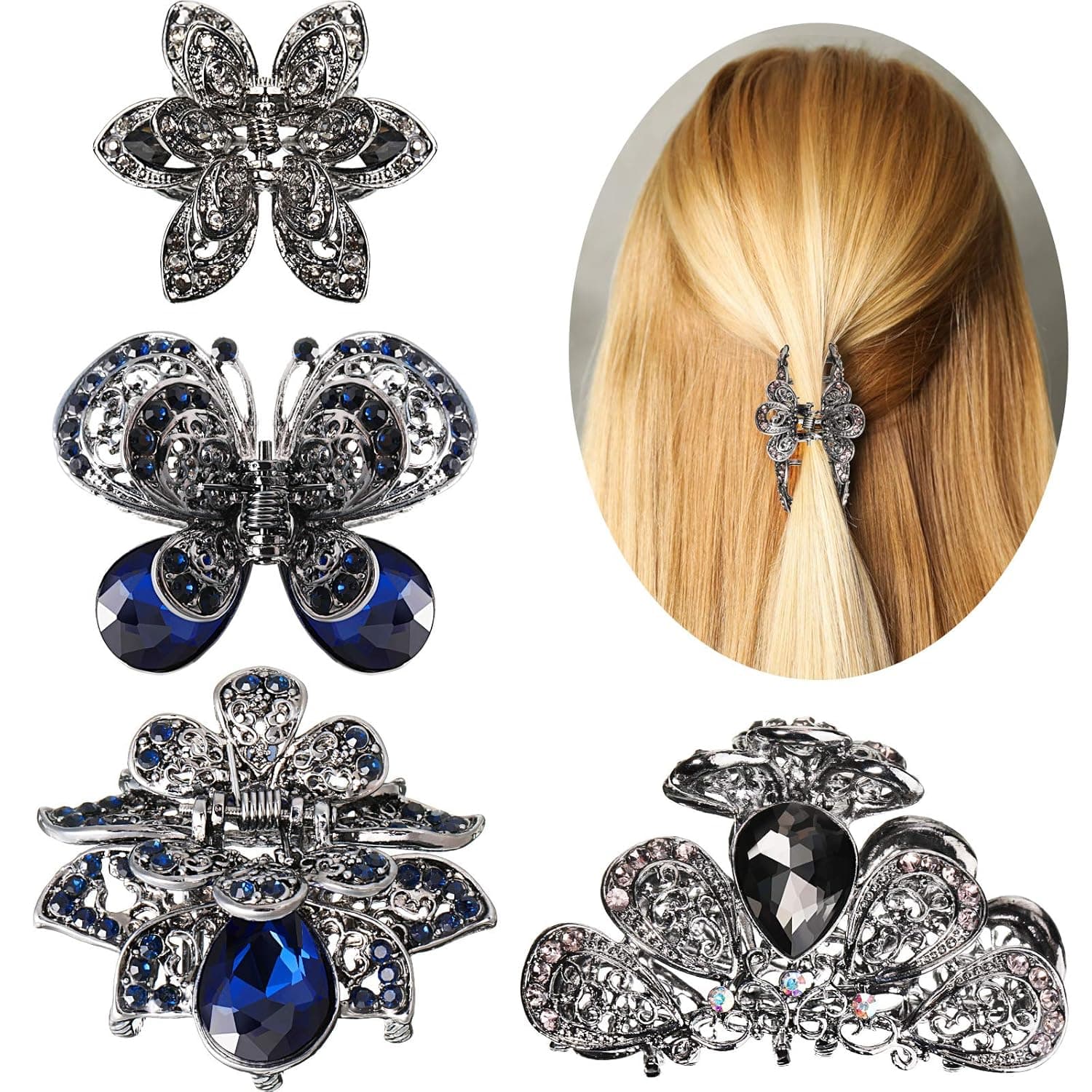 4 Pieces Metal Crystal Rhinestone Hair Claws, Mini Jaw Clips Non-Slip Vintage Metal Barrette Rhinestone Hair Clip Silver Metal Hair Clamp Hair Accessories for Women Girls (Gray, Blue)