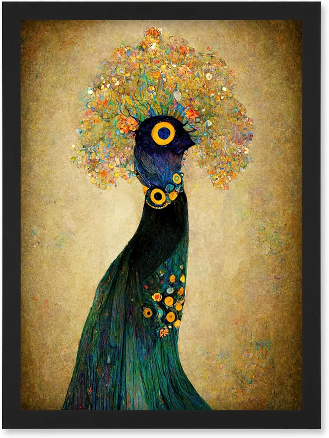 Elegant Peacock Portrait In Emerald And Gold Gustav Klimt Artwork Framed Wall Art Print A4