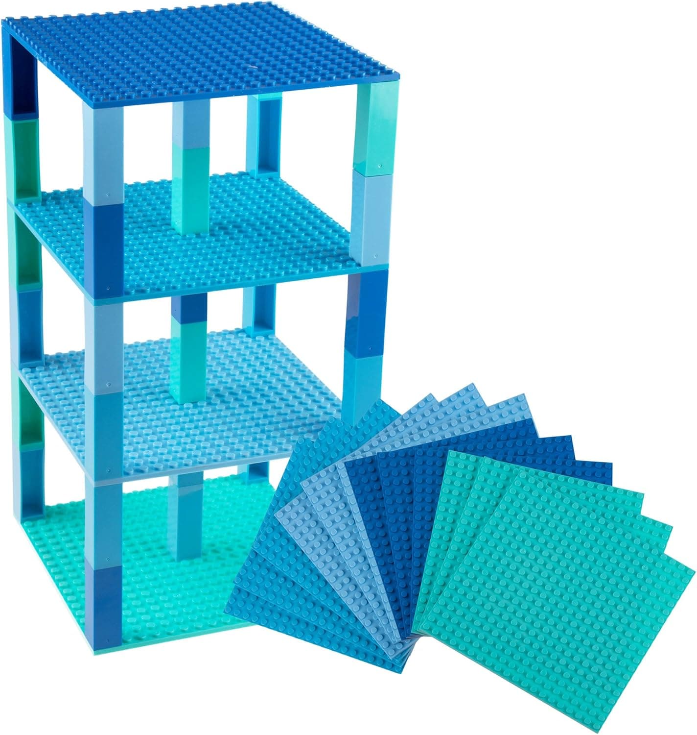 Strictly Briks Classic Stackable Baseplates 6" x 6" Brik Tower 100% Compatible with All Major Brands | Building Bricks for Towers & More | 12 Base Plates & 120 Stackers in 12 Blue Colors