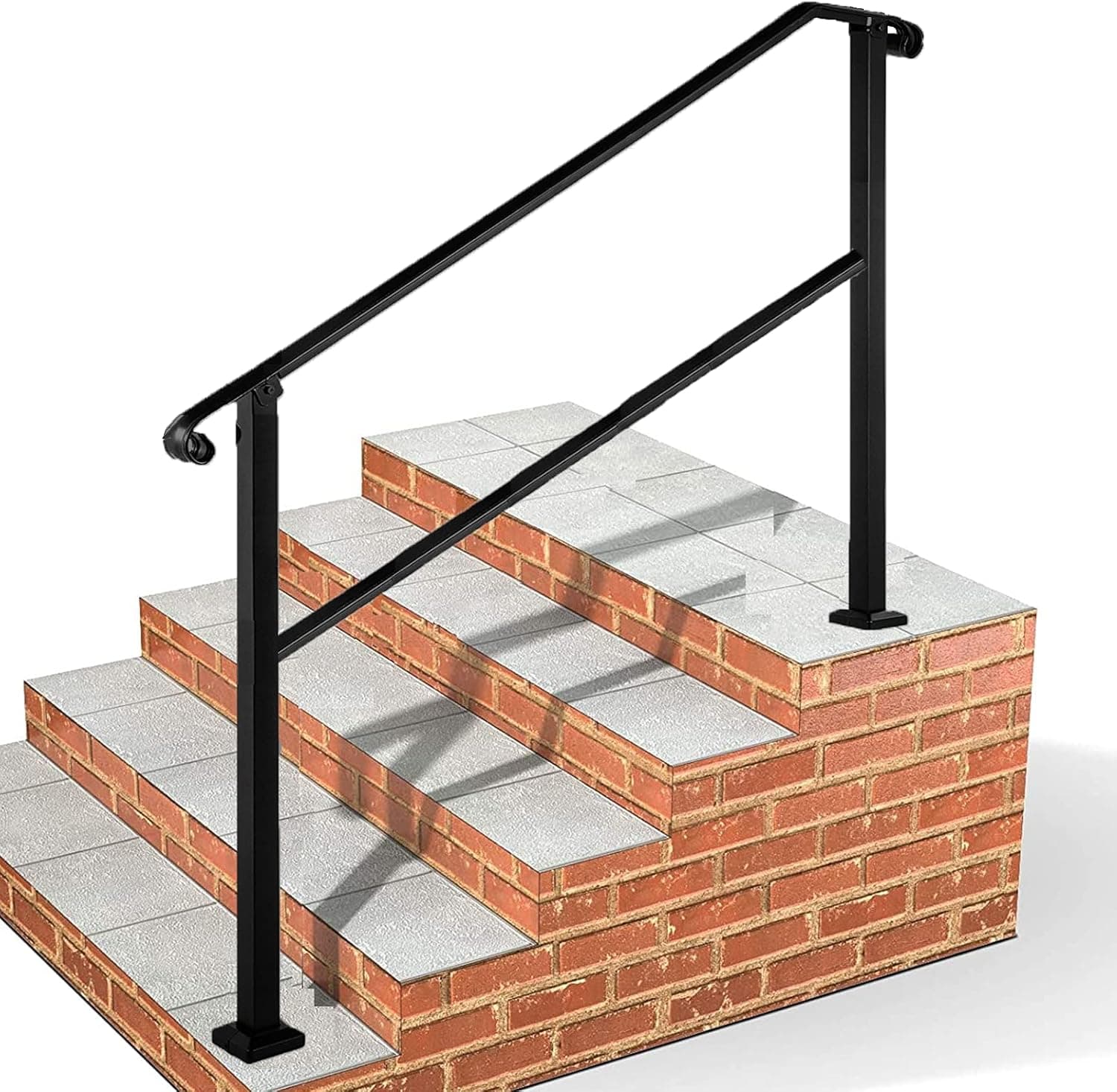 Outdoor Stair Railing,Black Wrought Iron Handrail,4 Step Transitional Handrail Metal Adjustable Outdoor Handrails for Exterior Steps with Installation Kit,Handrail with Installation Kit (4 Ft)
