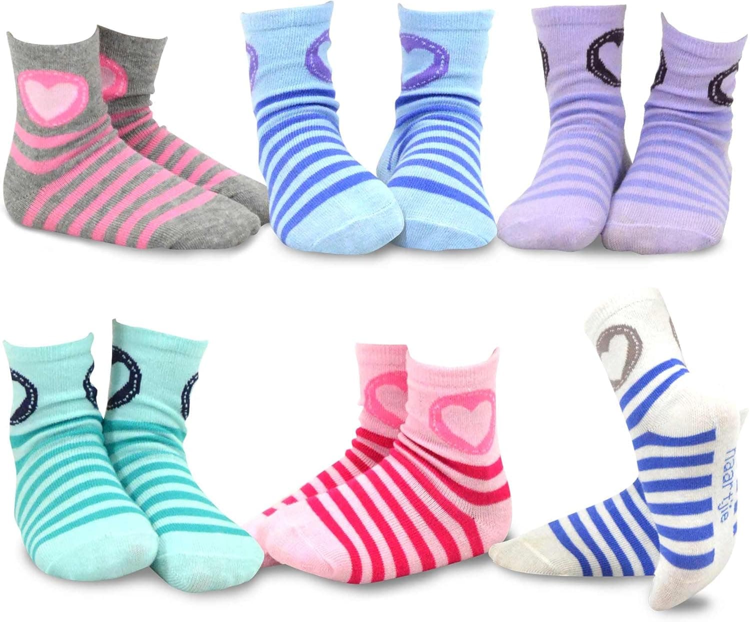 TeeHee Kids Girls Cotton Fashion Fun Crew Socks 6 Pair Pack (9-10Y, Stripes and Circle Heart)