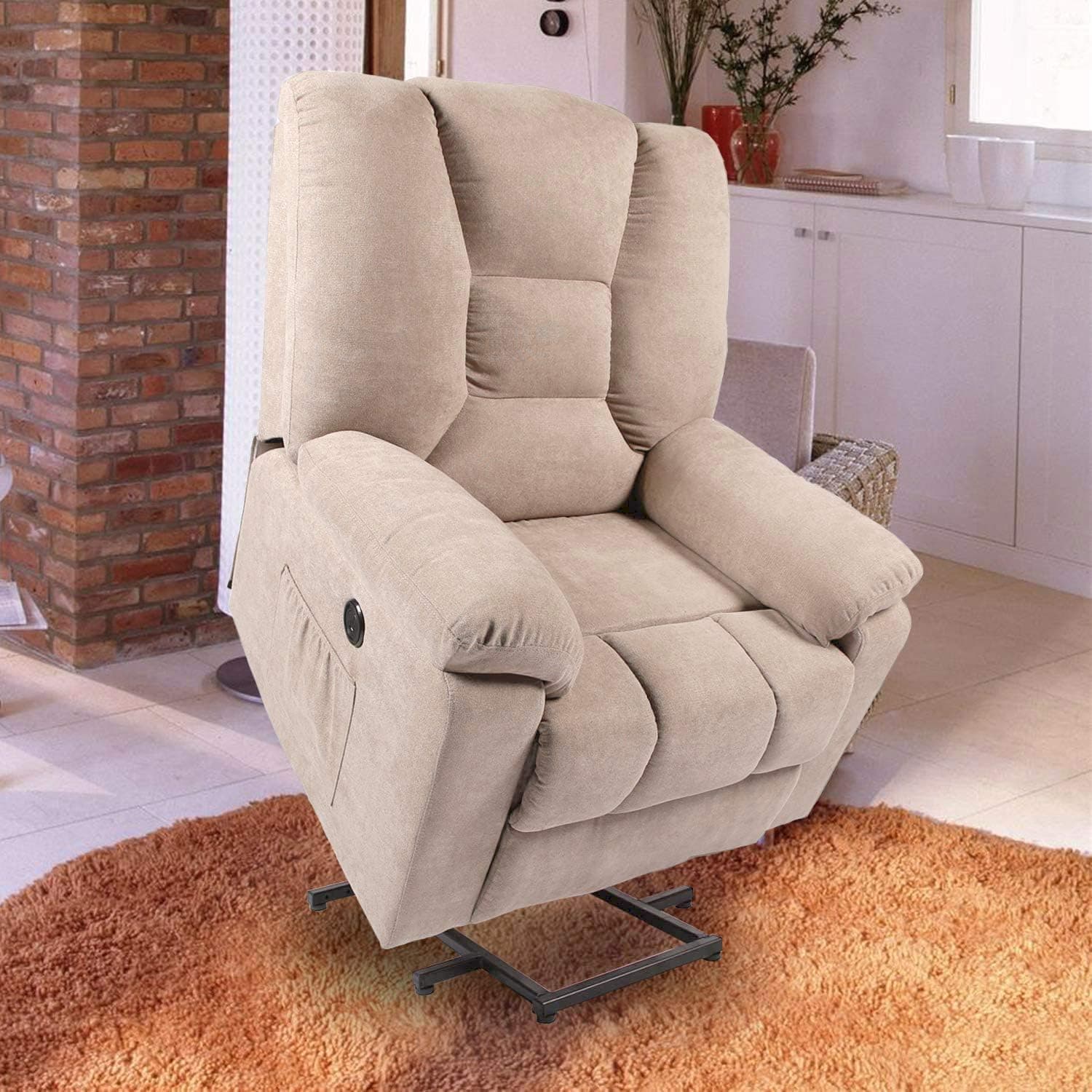 oneinmil Electric Power Lift Recliner Chair, Linen Recliners for Elderly, Home Sofa Chairs with Heat & Massage, Remote Control, 3 Positions, 2 Side Pockets and USB Ports, Chocolate