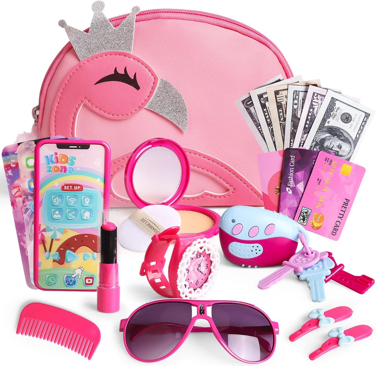 Pretend Play Purse Toys for Little Girls Princess 2 3 4 5 6 Years Old, Toddler Purse with Fake Makeup Phone Credit Cards, Kids Toy Purse, Gifts for Girl Age 3-5 4-6 6-8 Birthday Christmas, 25 pcs