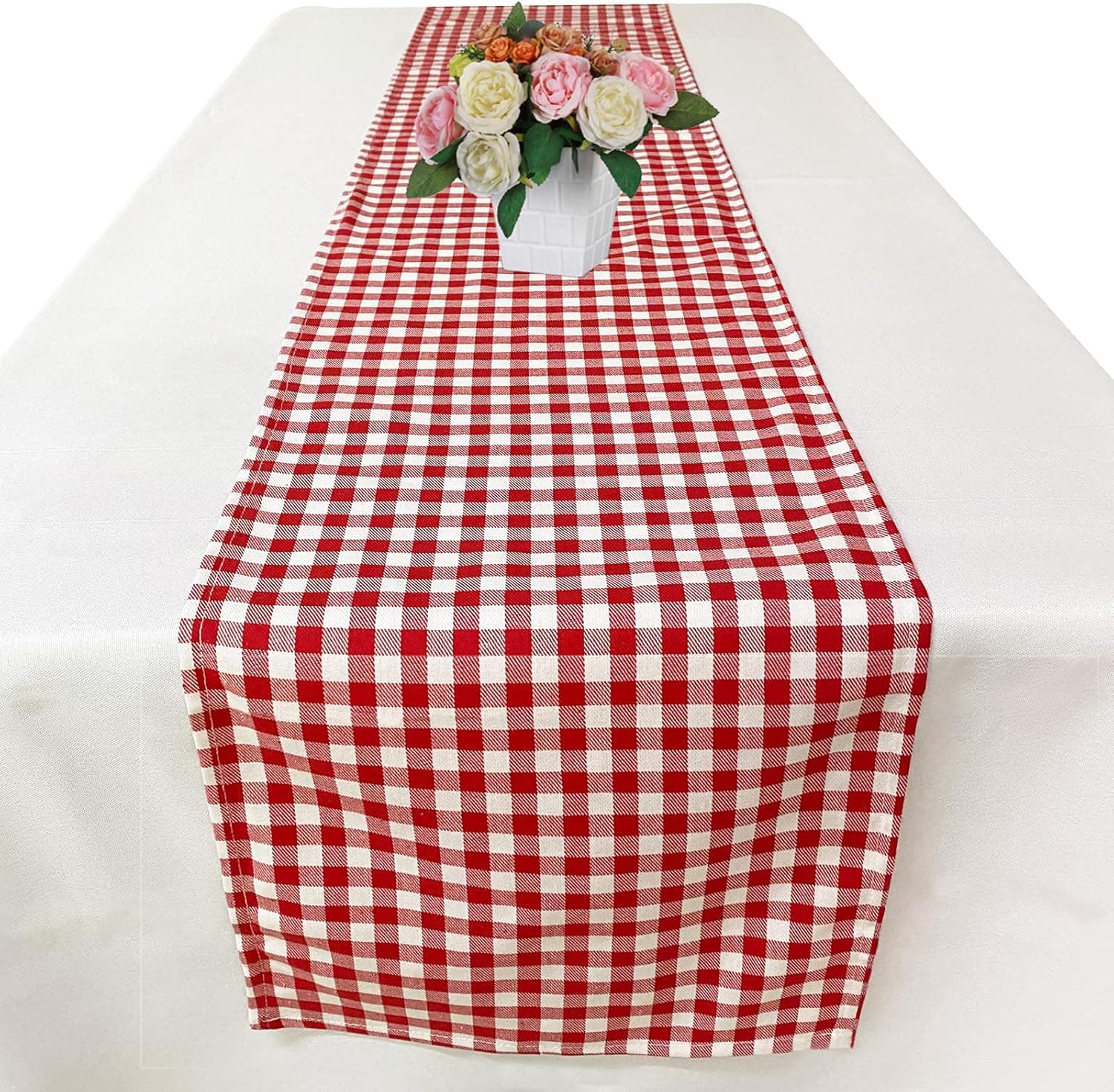 Joysail Red and White Gingham Table Runner 72 Inch - Cotton Checkered Plaid Table Runner for Home Kitchen Dinner Party Table Decorations - Valentines Day Table Runner