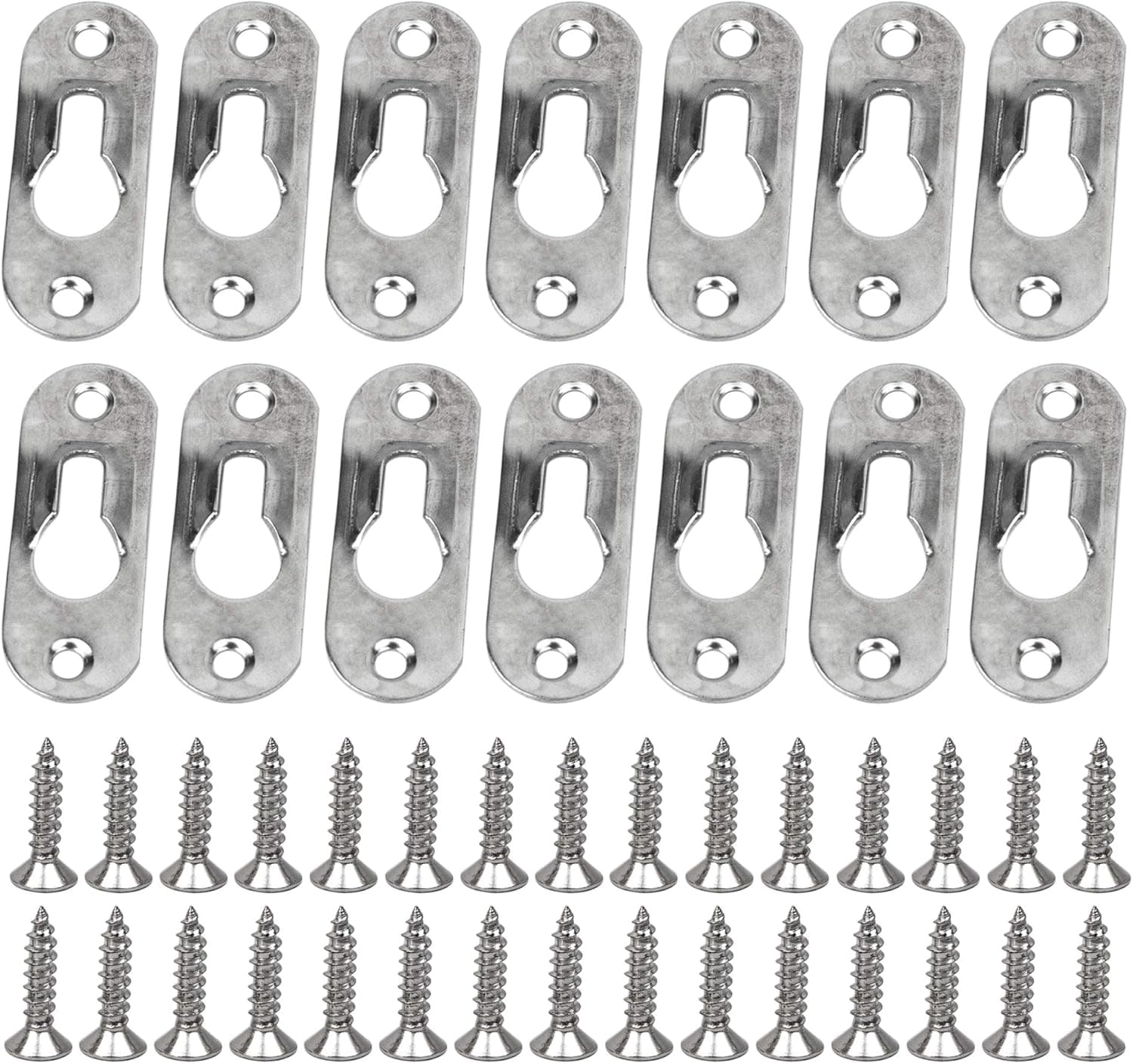 Framendino, 20 Pack Silver Metal Single Keyhole Hangers with Screws Metal Keyhole Hanger Fasteners Picture Hanging Bracket Plate for Mirror Picture Frames 43 mm x 16mm