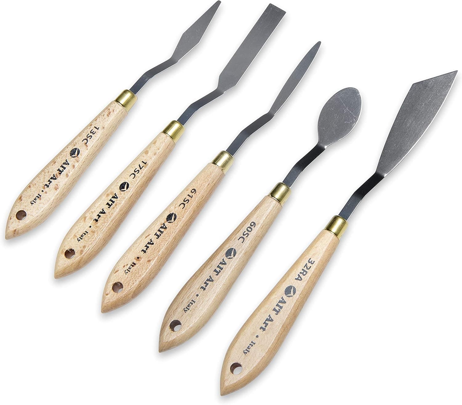 AIT Art Select Painting Knives, Set of 5, Made in Italy, Assorted Trowel Shapes, Carbon Steel Blades with Comfortable Wooden Handles Provide Flexibility and Durability for Easy Paint Spreadability