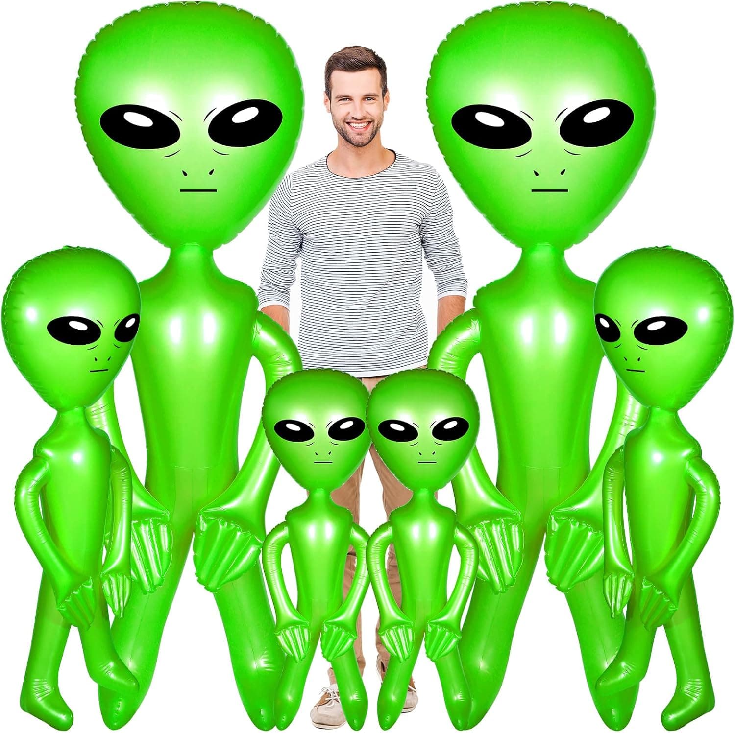 6 Pcs Blow Up Alien Inflatable Balloons Alien Birthday Party Decorations Alien Inflate Jumbo Toy for Halloween, Alien Theme Party, 63 Inch, 35.4 Inch, 23.6 Inch, Green