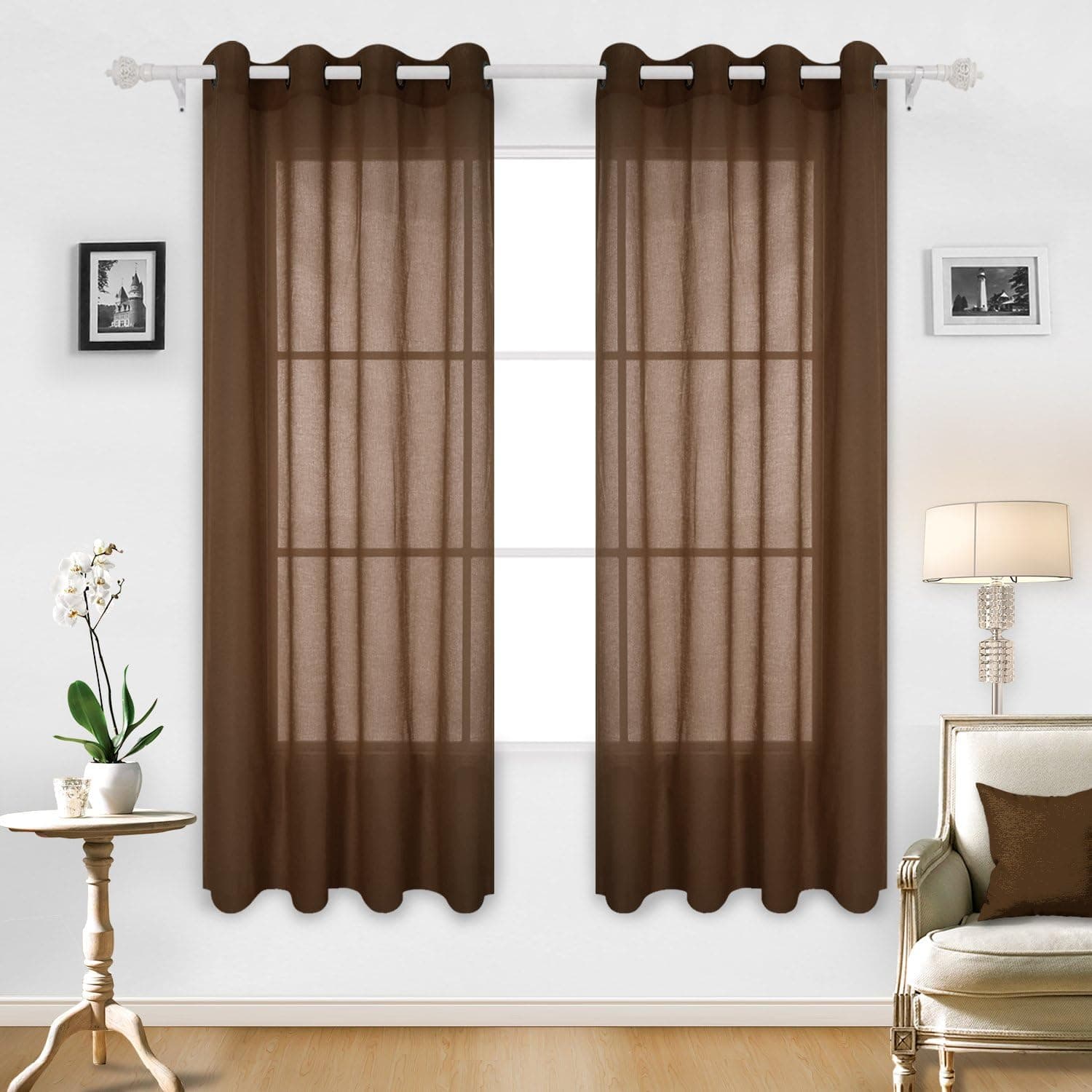 Deconovo Linen Look Transparent Curtains Sheer Grommet Window Sheer Curtains for Living Room 52W x 84L Brown 1 Pair