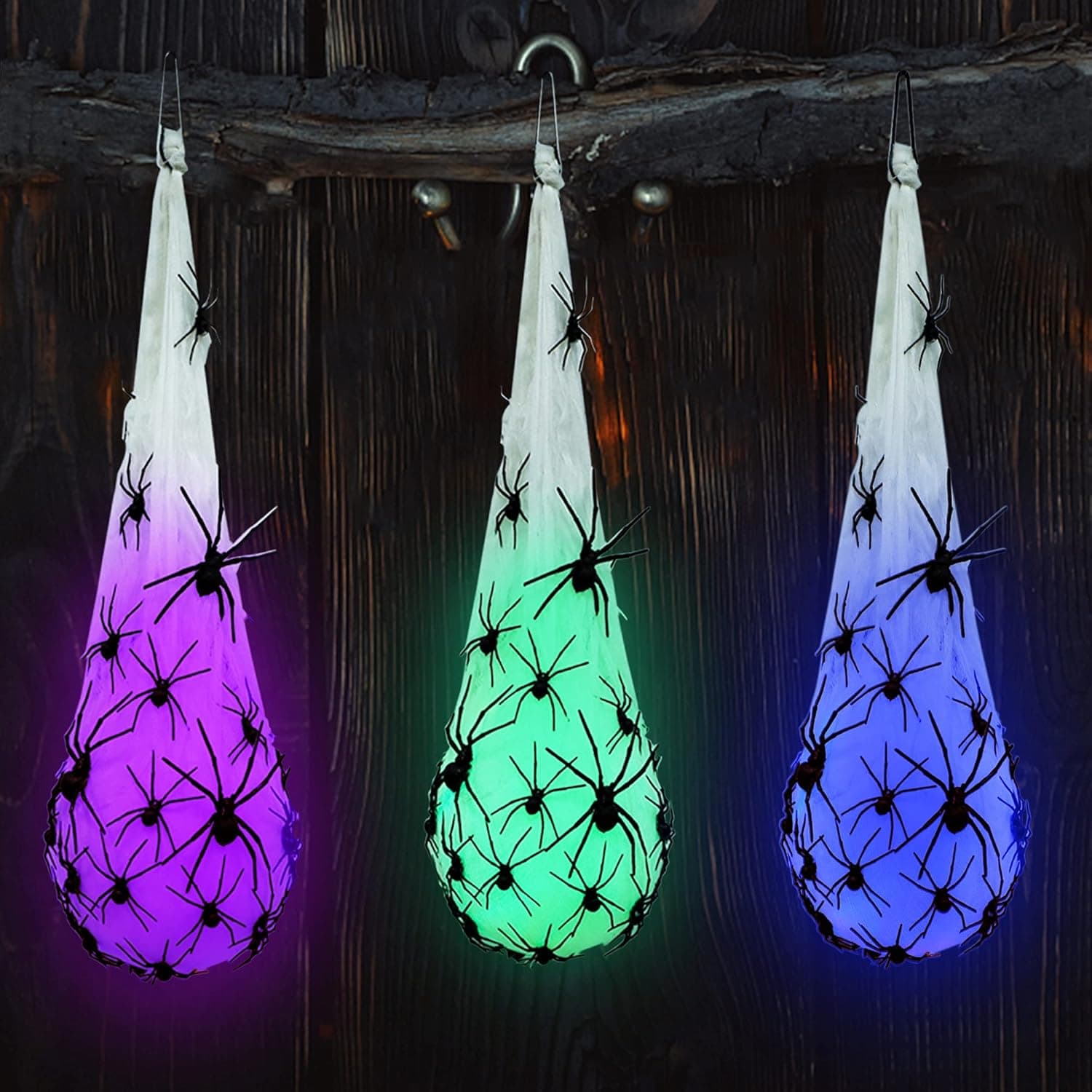 yofit Halloween Decorations Set of 3 Hanging Spider Web Egg Sacs with Changing Colors, Realistic Spiders Haunted House Props for Indoor Outdoor Party Decor