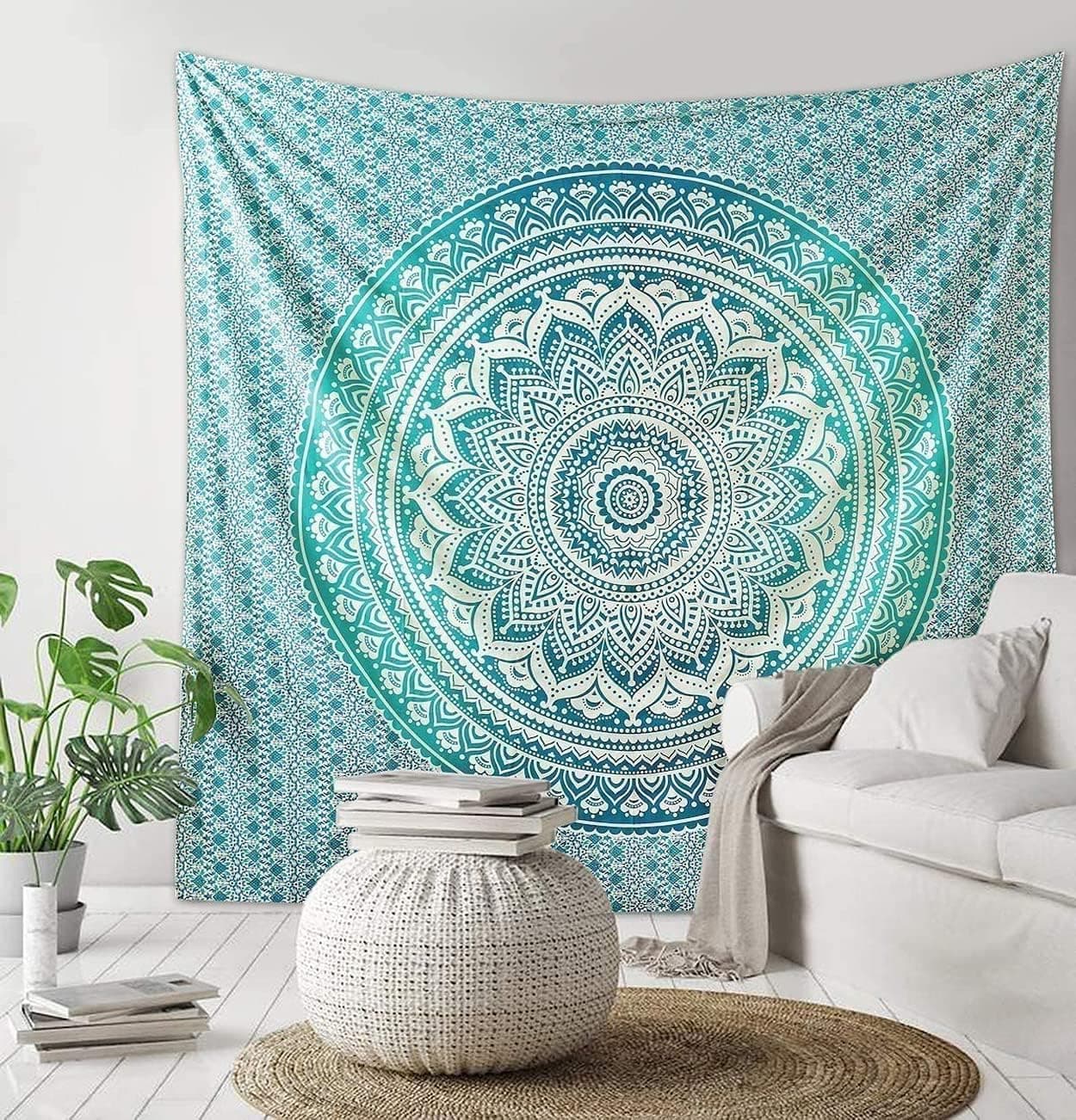 raajsee Large Green Ombre Mandala Tapestry Wall Hanging,Indian Cotton Beach Throw Blanket Hippie Queen Boho Décor,Meditation Yoga Mat Rugs,82x92 Inches