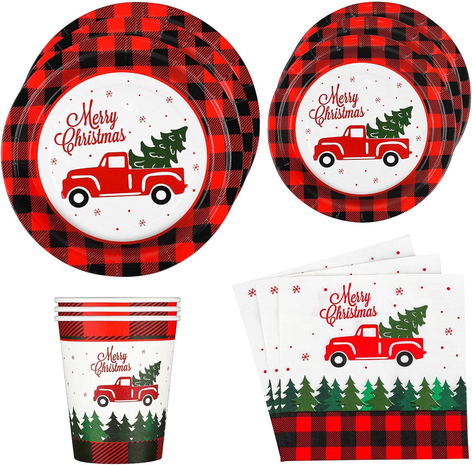 Ruisita 122 Pieces Buffalo Plaid Party Tableware with Truck and Christmas Tree Christmas Paper Plates Red and Black Plaid Xmas Party Supplies Paper Plates Cups Napkins for Xmas Party, Serves 24 Guests