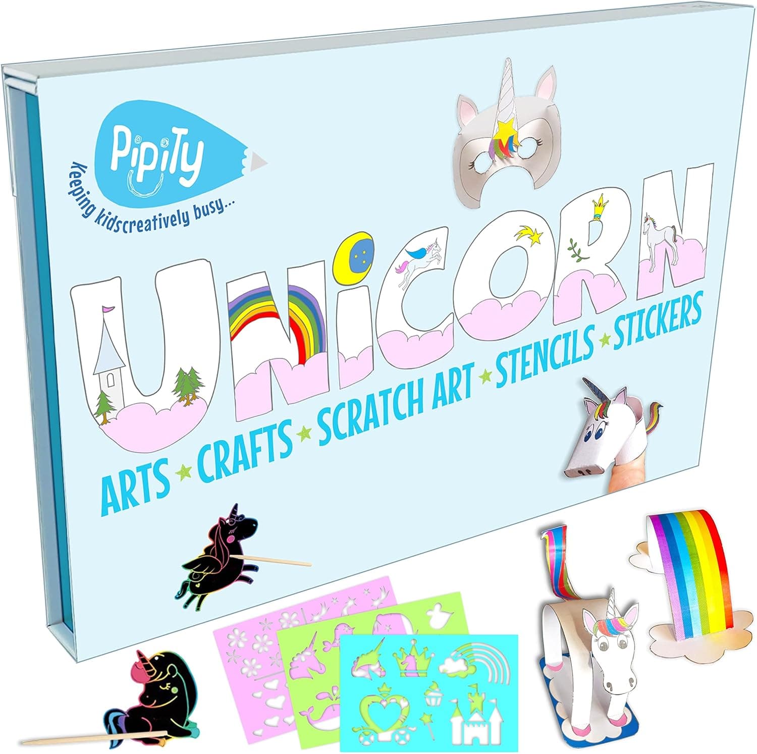 Pipity Unicorns Arts & Crafts Kit, Gifts for Girls Age 5,6,7, 8+. 50 Creative Unicorn Activities Set: Paper Craft, Coloring, Stickers, Stencils, Scratch Art, Puzzles for Kids. Smart Gift Box Folder