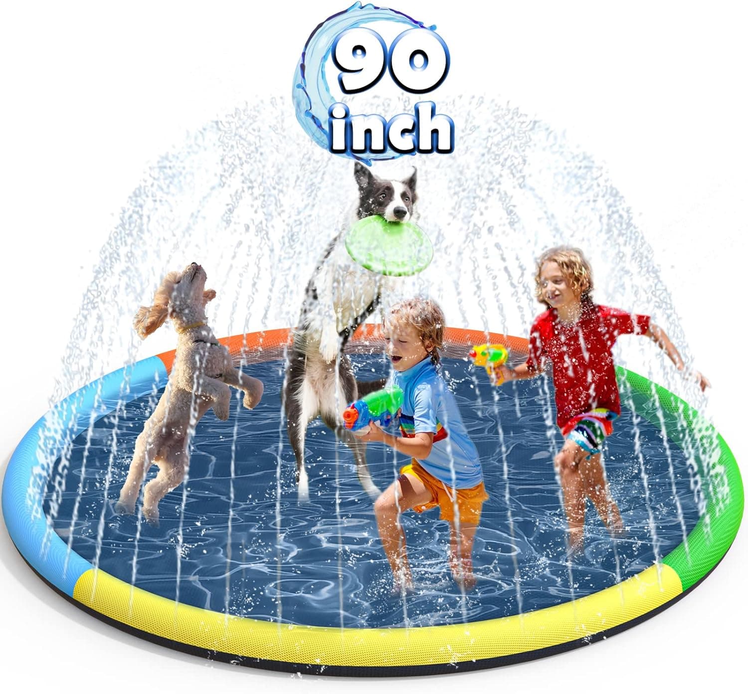 90" Splash Pad, BerrysParadise Outdoor Sprinkler Play Mat Toys for Dogs Kids Water Toys, Inflatable Wading Pool Extra Large Thicker Thickness Summer Funny Toys for 3-12 Years Old Children Boys & Girls