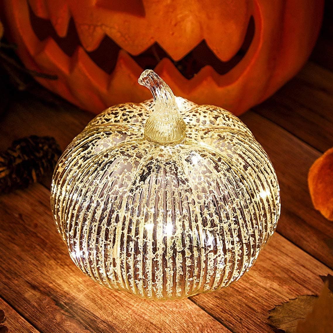 Mercury Glass Light up Pumpkin with Timer- Fall Decoration for Home-Lamps for Festive Decoration-Halloween Pumpkin Decoration (Silver)