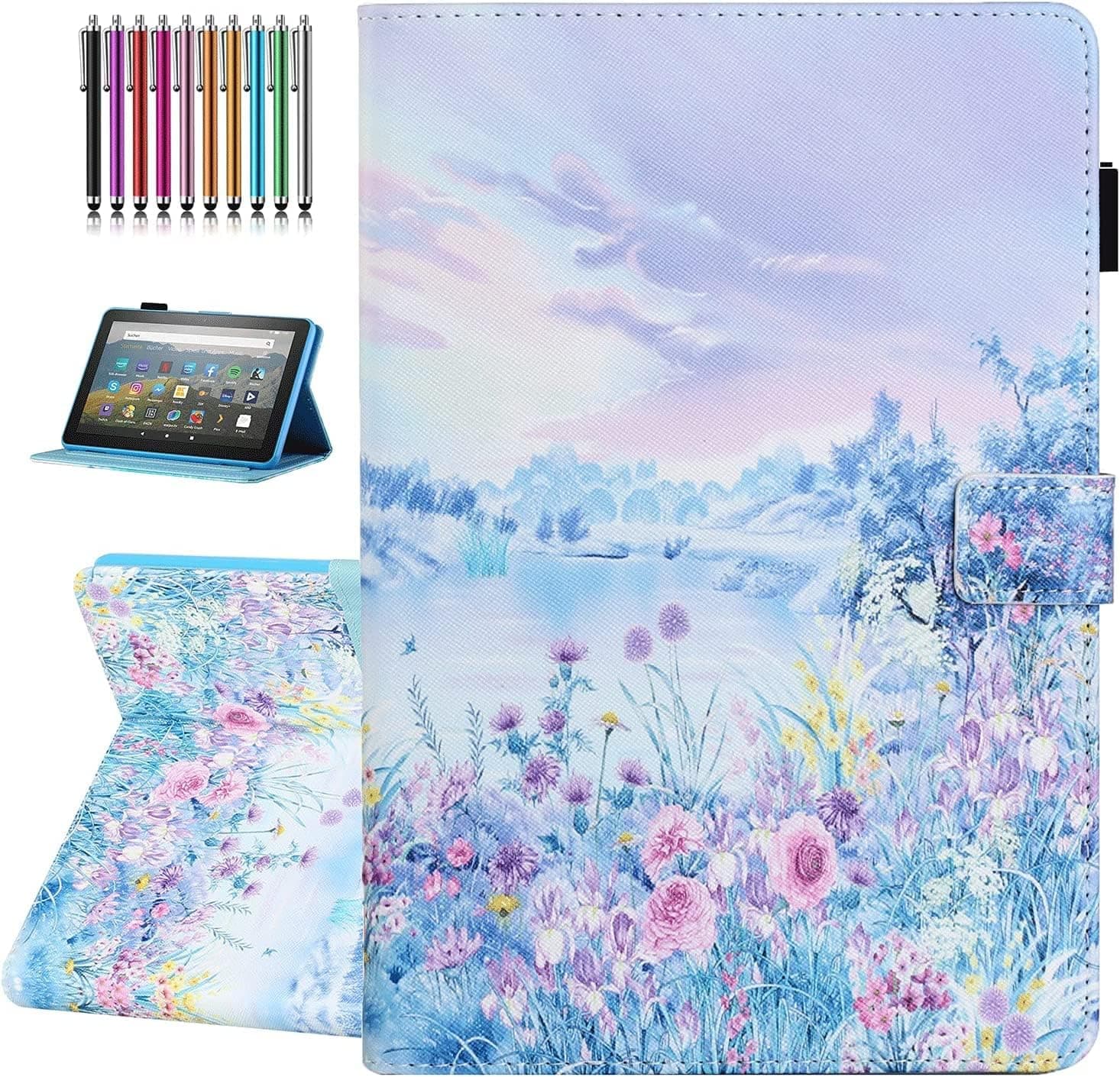 New Amazon Kindle Fire 7 Case (12th Generation 2022 Release), Auto Wake/Sleep, Premium PU Leather Folding Stand Cover with Pen Holder & Multiple Viewing Angles - Flower