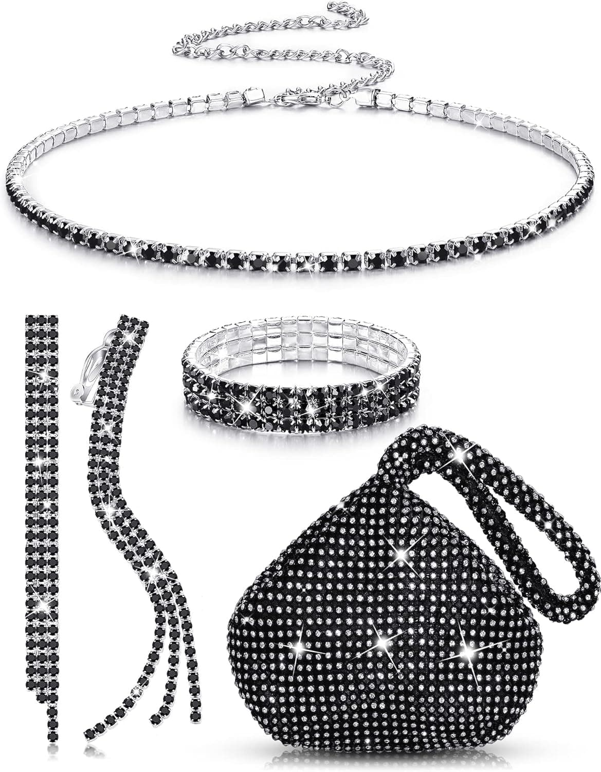 MTLEE Women Clutch Purse Rhinestone Jewelry Set 4 Pieces Rhinestone Ear Clip Bridal Wedding Choker Bracelet Dangle Ear Clip Triangle Bling Glitter Purse for Party