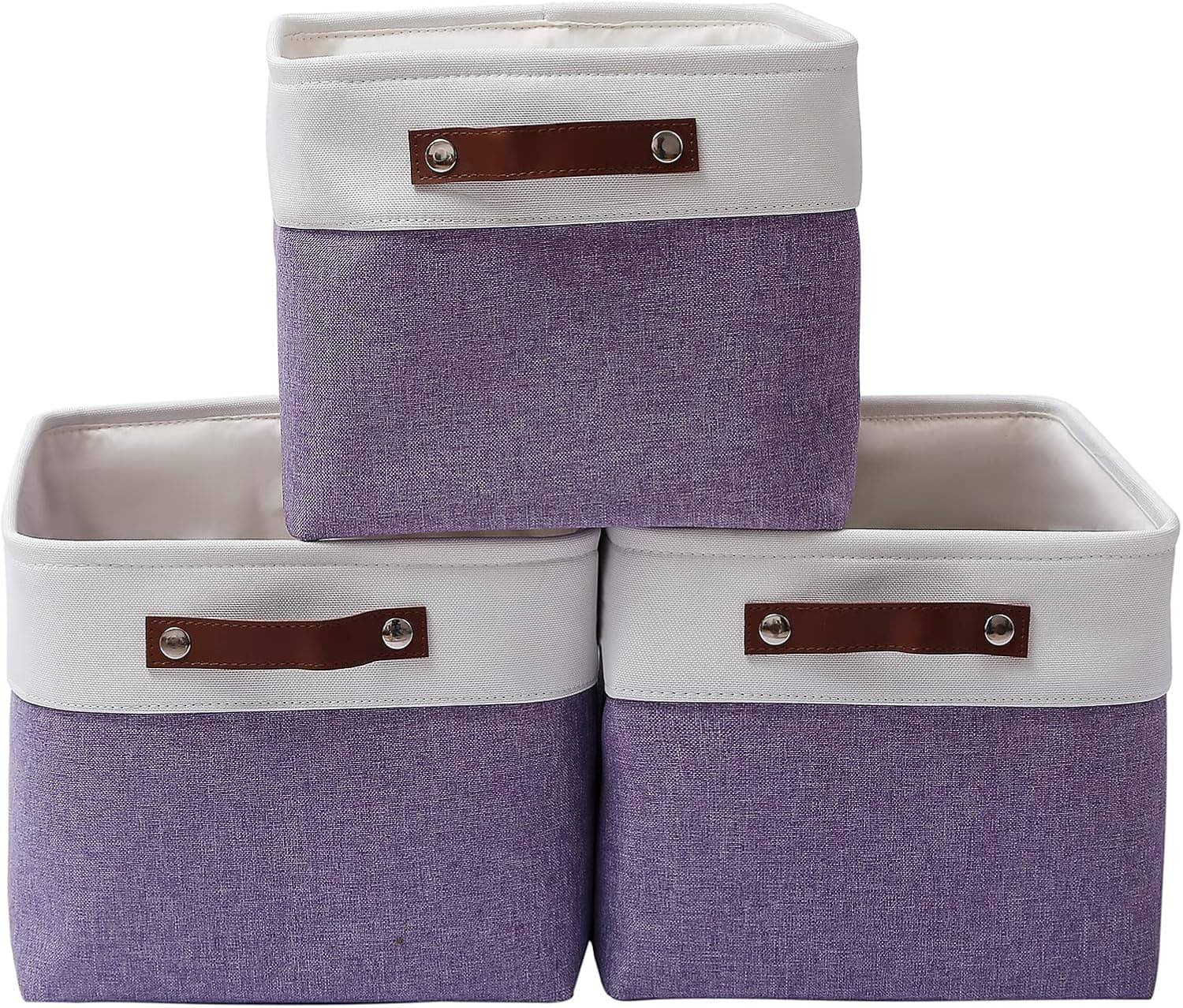 Large Storage Baskets [3 Pack], Foldable Fabric Storage Bins with Handles for Cupboards, Wardrobe, Shelves, Bathroom, Clothes, Toys, Towel (15 x 11 x 9.5 inches, White/ Purple)